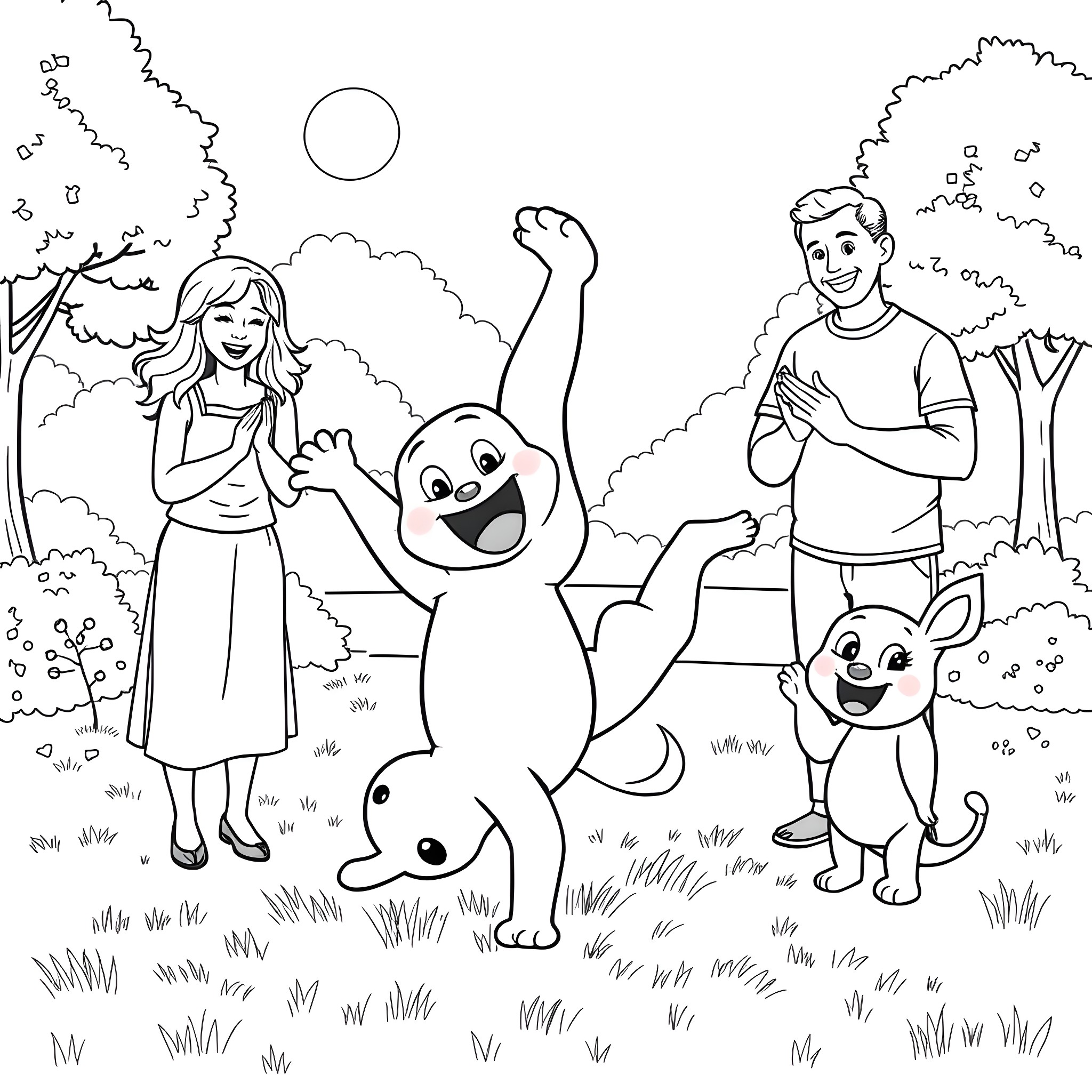 Bluey and friends enjoying a playful outdoor adventure Coloring Page (free black-and-white line drawing printable PDF for all, from beginners to advanced learners, including children, teens, adults, and seniors)
