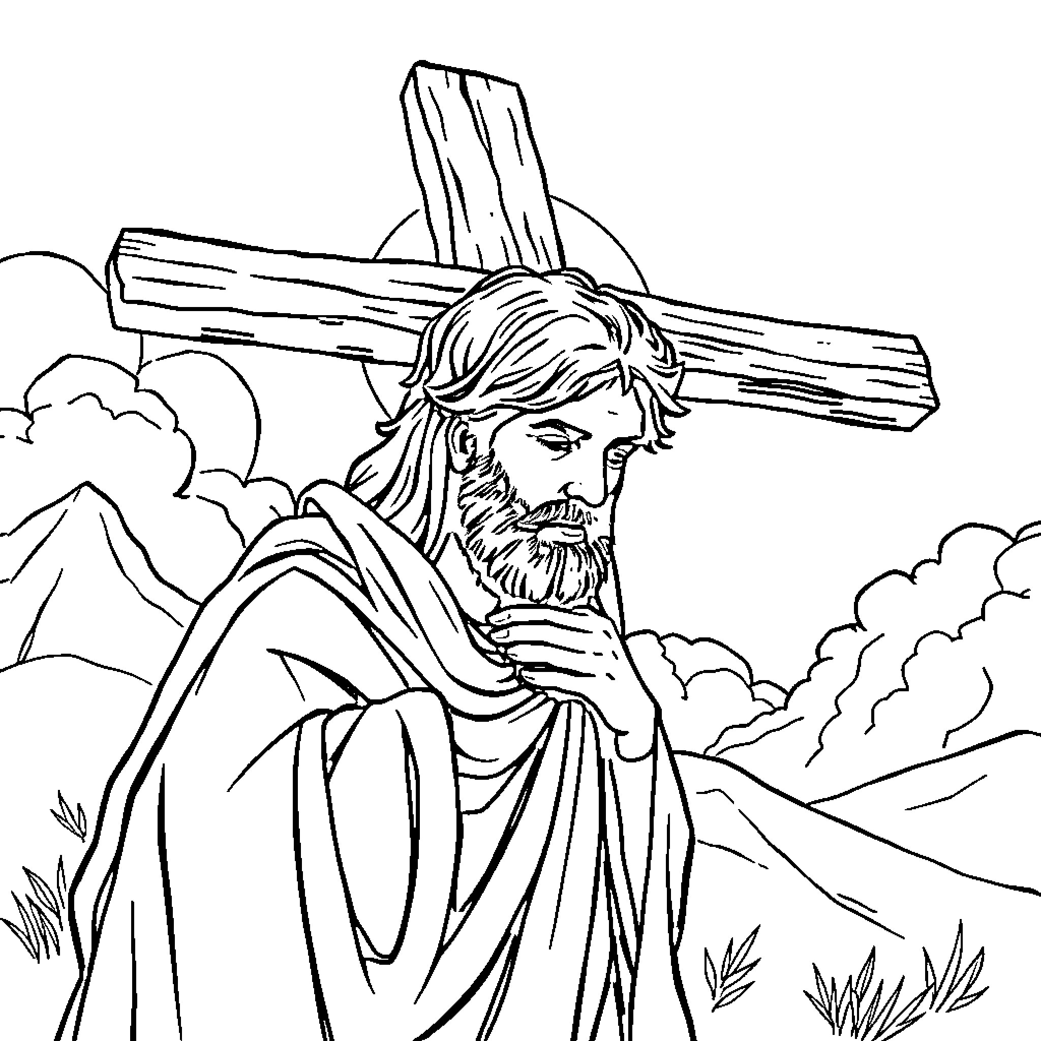 Cross Bearing Man in Contemplative Pose Coloring Page (free black-and-white line drawing printable PDF for all, from beginners to advanced learners, including children, teens, adults, and seniors)