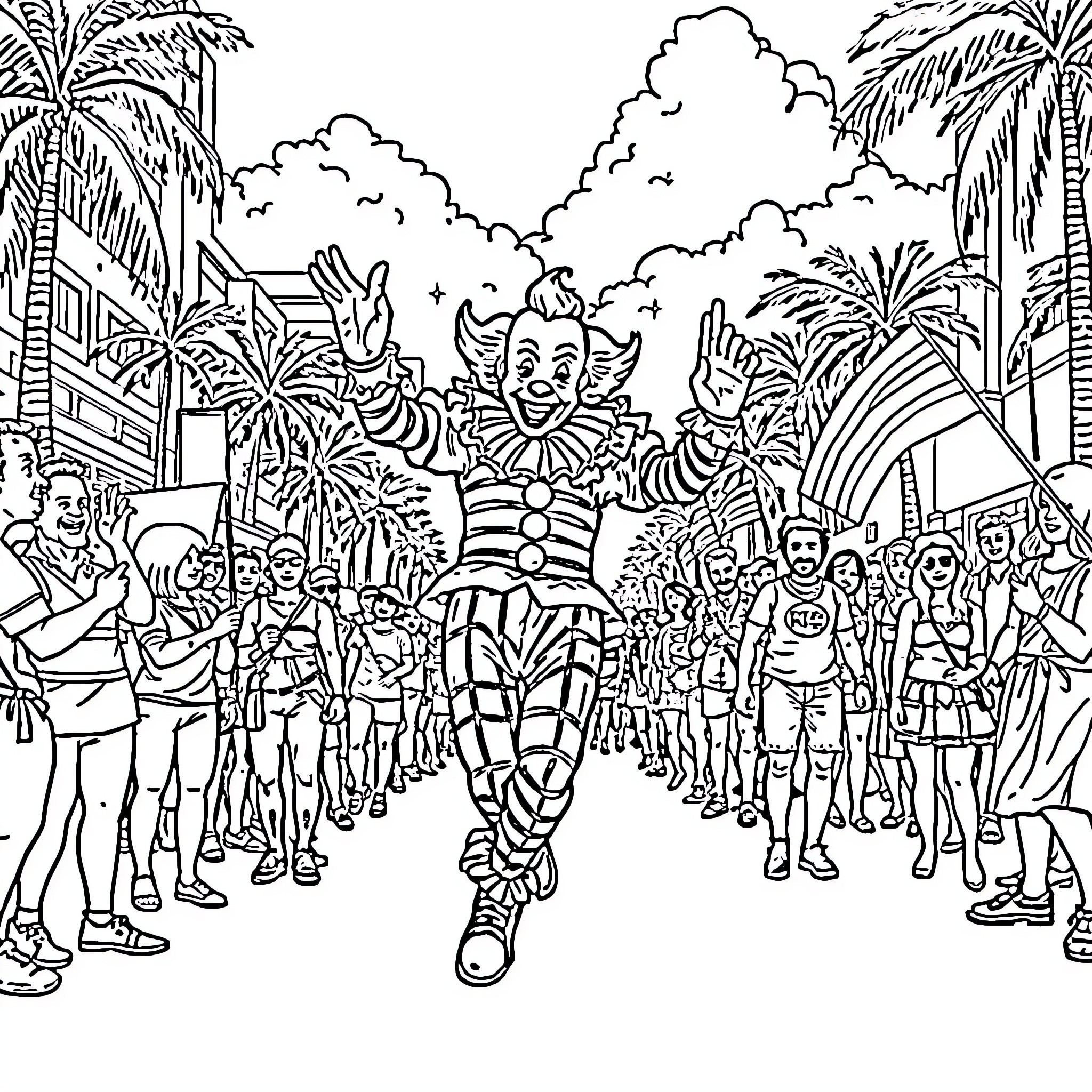 Pennywise leading a colorful parade Coloring Page (free black-and-white line drawing printable PDF for all, from beginners to advanced learners, including children, teens, adults, and seniors)