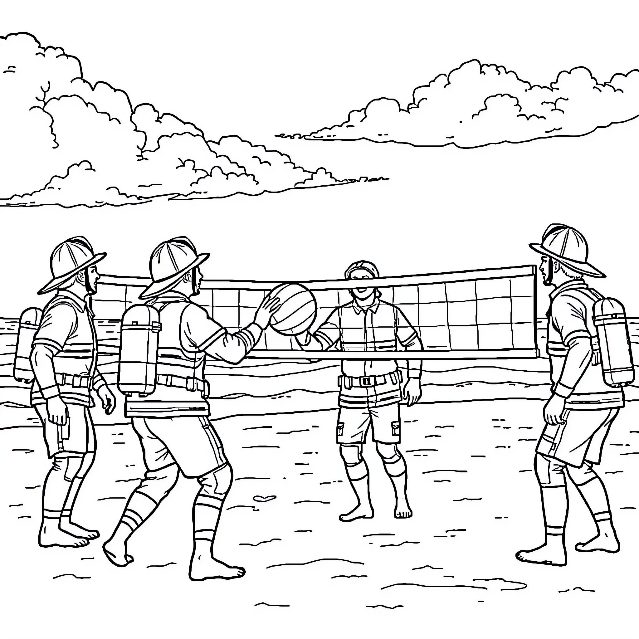 Firefighters carrying injured person on stretcher Coloring Page (free black-and-white line drawing printable PDF for all, from beginners to advanced learners, including children, teens, adults, and seniors)