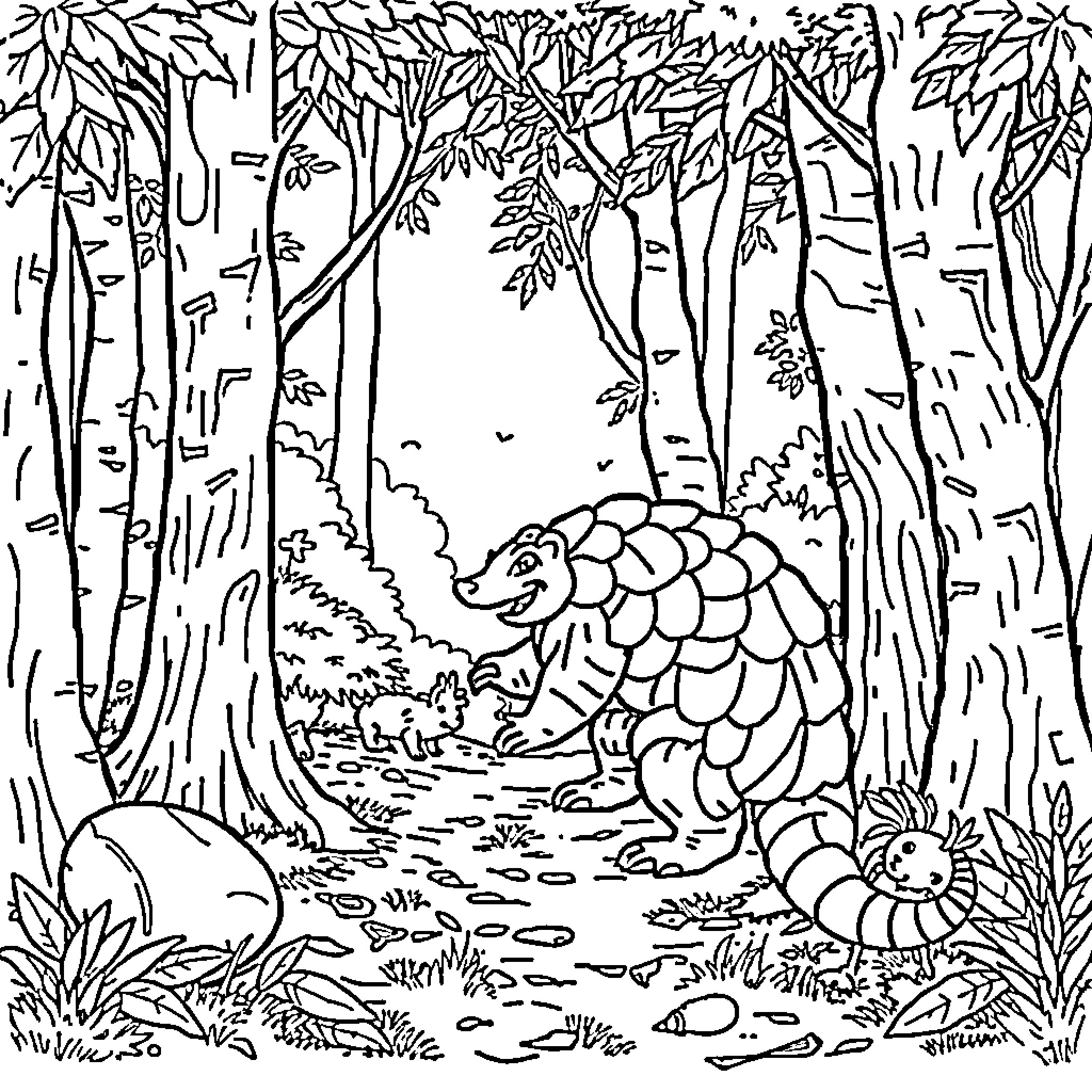 Pangolin exploring the lush forest Coloring Page (free black-and-white line drawing printable PDF for all, from beginners to advanced learners, including children, teens, adults, and seniors)