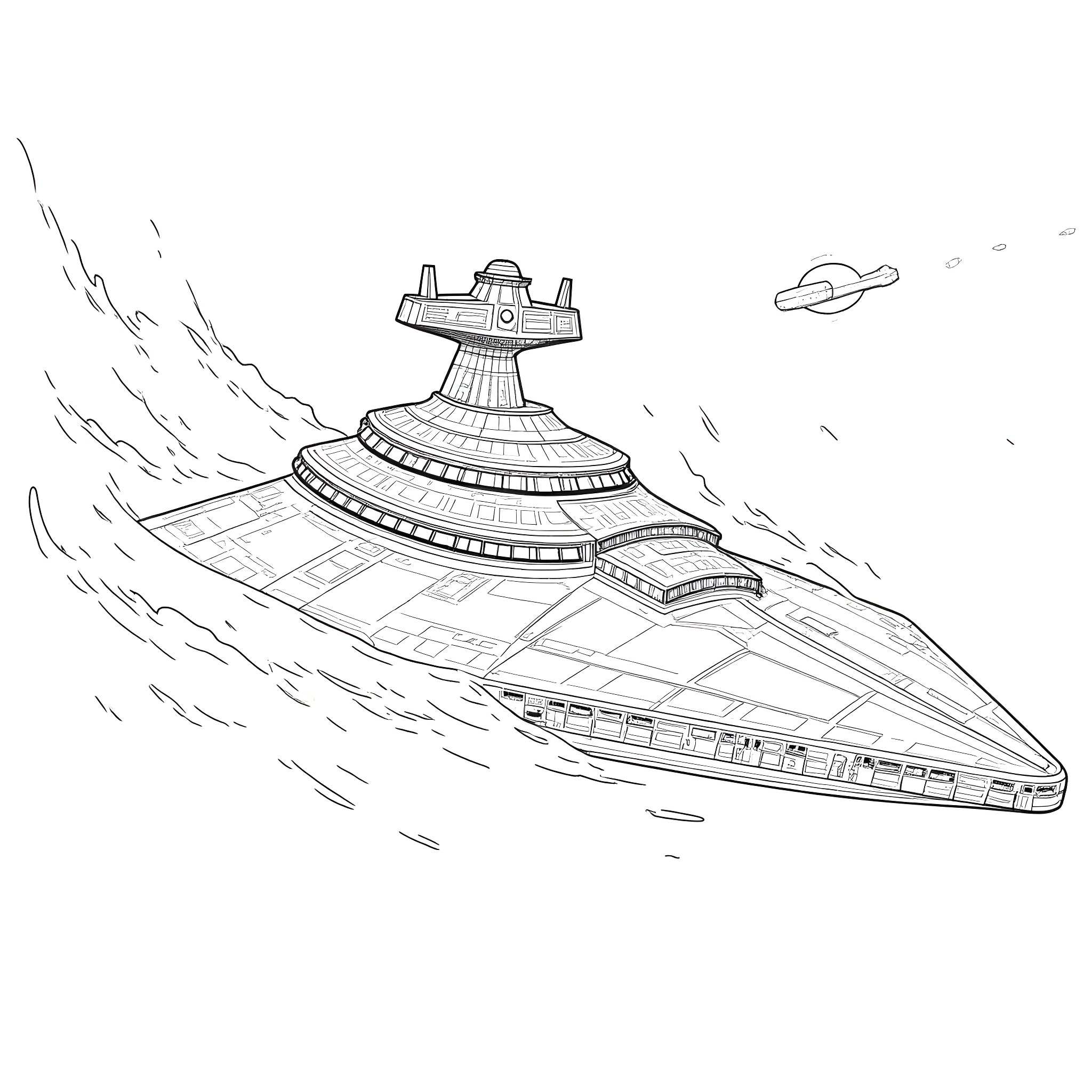 Stardestroyer spacecraft in futuristic outer space scene Coloring Page (free black-and-white line drawing printable PDF for all, from beginners to advanced learners, including children, teens, adults, and seniors)