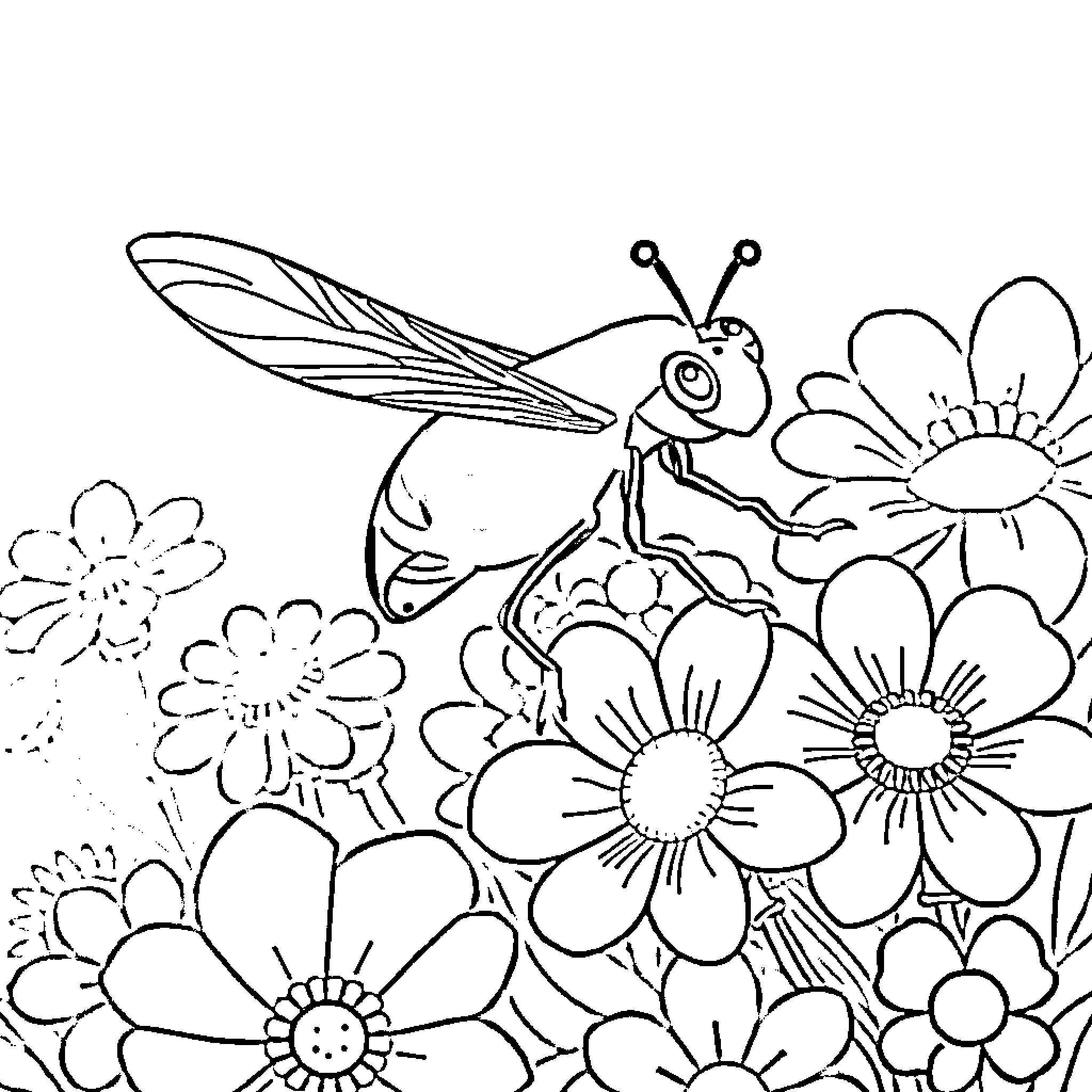 Ladybug exploring blooming flowers Coloring Page (free black-and-white line drawing printable PDF for all, from beginners to advanced learners, including children, teens, adults, and seniors)