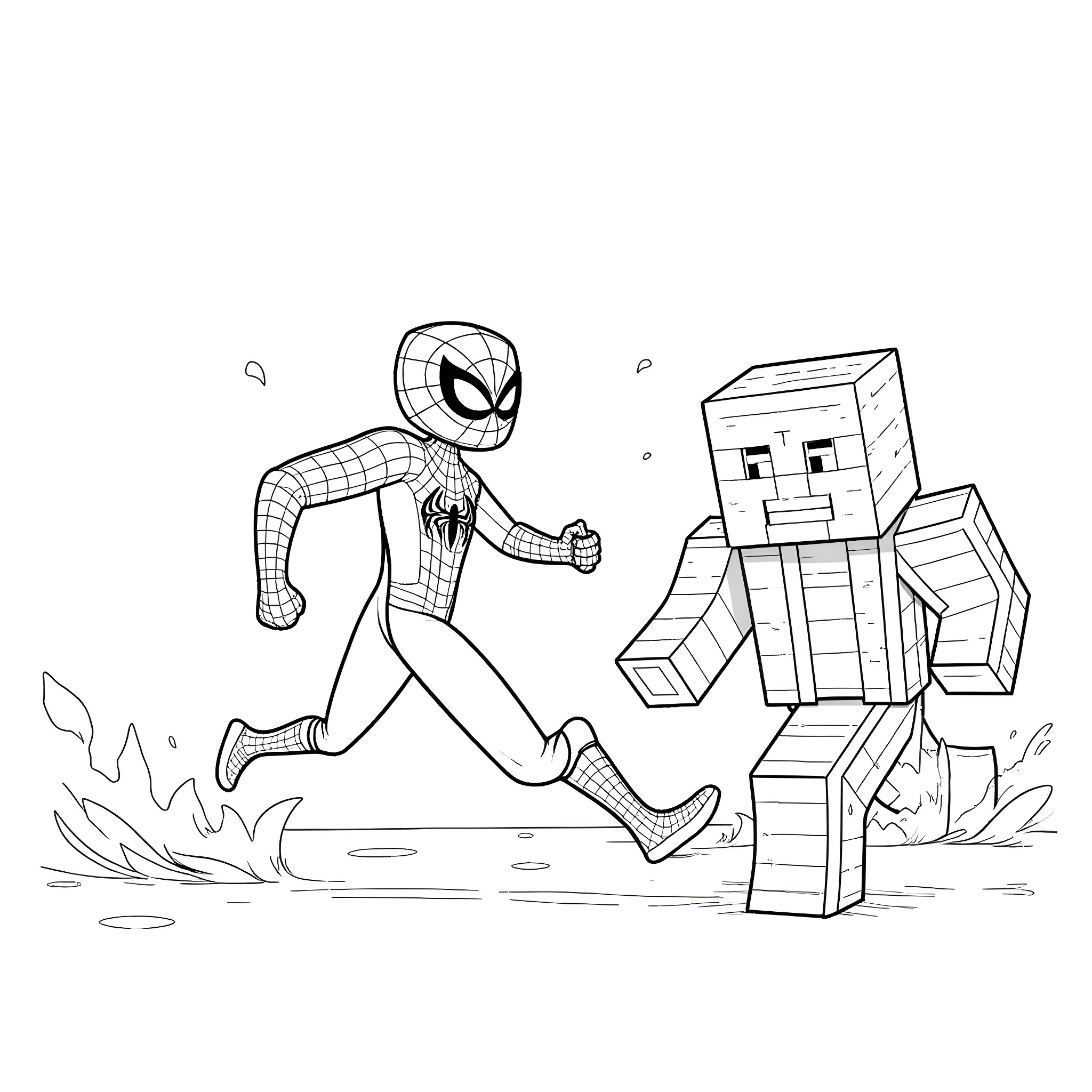 Spiderman racing against a Minecraft character Coloring Page (free black-and-white line drawing printable PDF for all, from beginners to advanced learners, including children, teens, adults, and seniors)