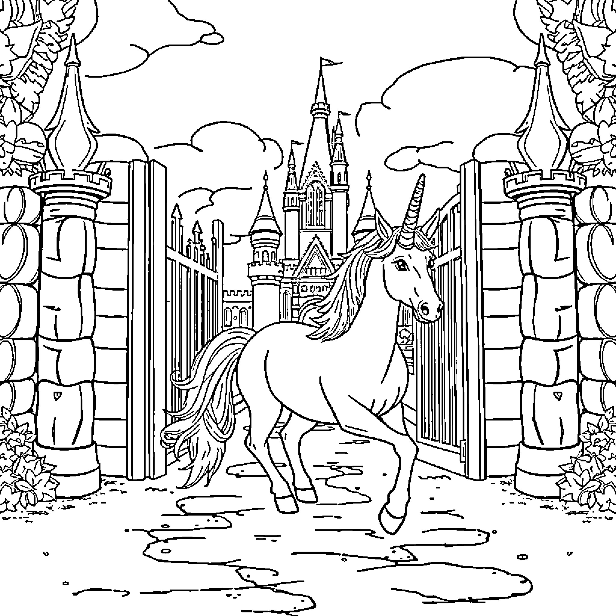 Unicorn exploring a magical kingdom Coloring Page (free black-and-white line drawing printable PDF for all, from beginners to advanced learners, including children, teens, adults, and seniors)