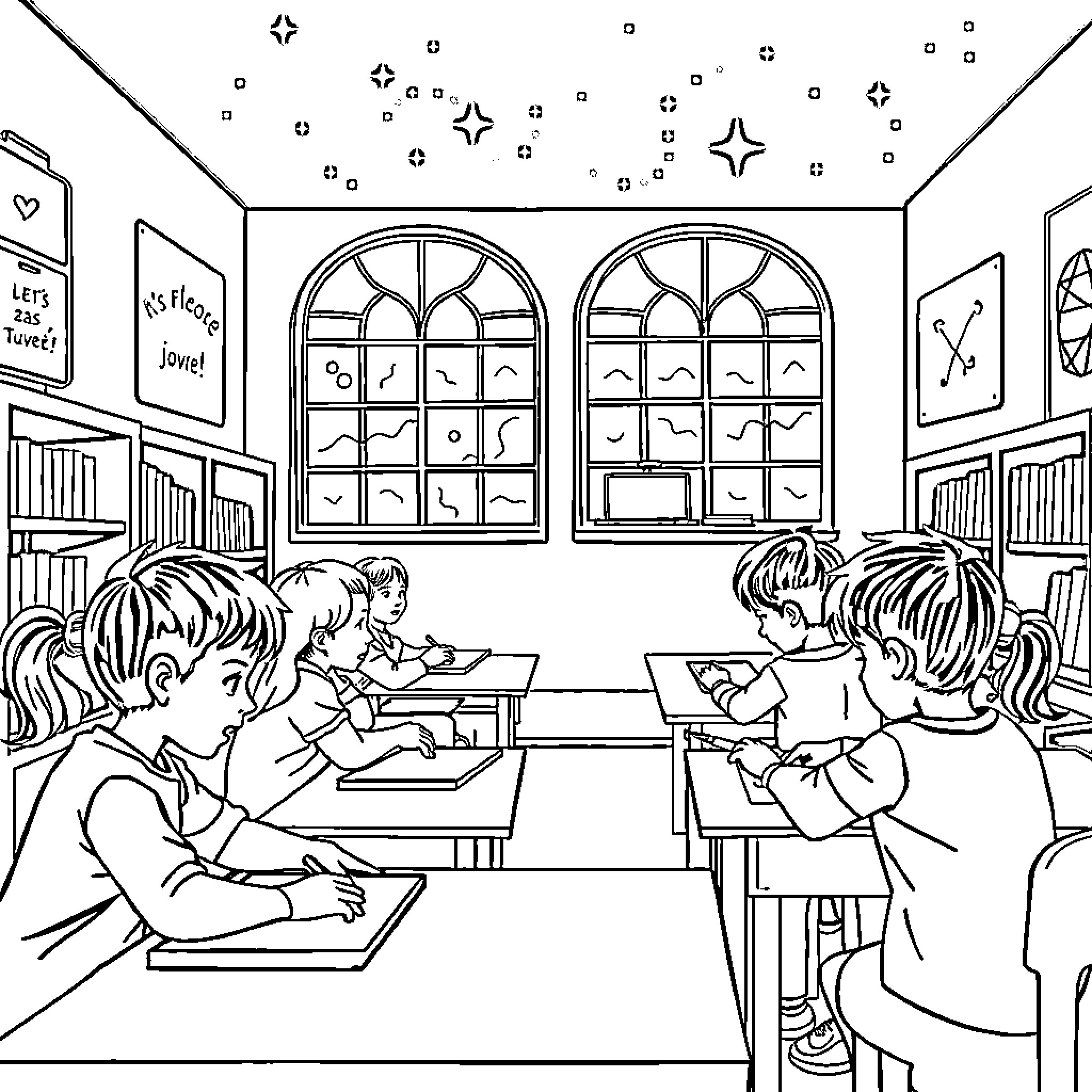 Jewish School Children Learning and Working Together Coloring Page (free black-and-white line drawing printable PDF for all, from beginners to advanced learners, including children, teens, adults, and seniors)