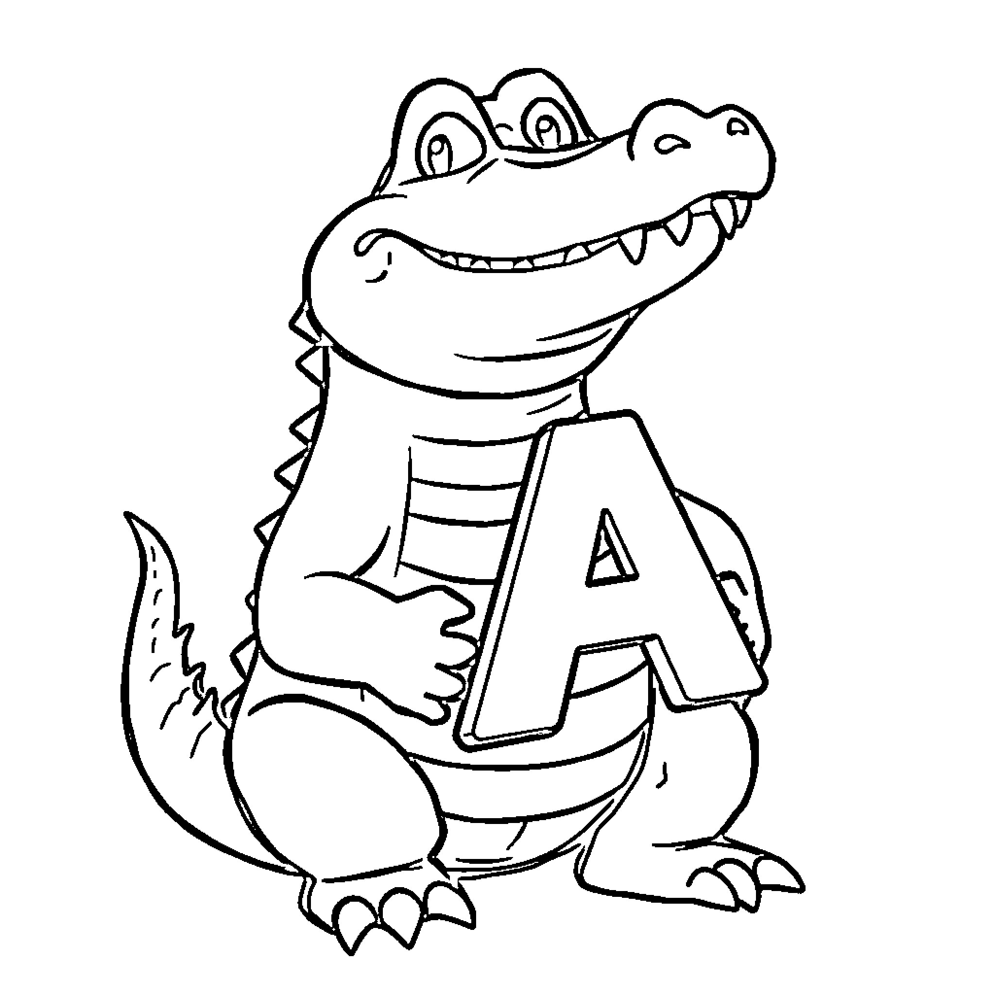 Alligator holding the letter A Coloring Page (free black-and-white line drawing printable PDF for all, from beginners to advanced learners, including children, teens, adults, and seniors)