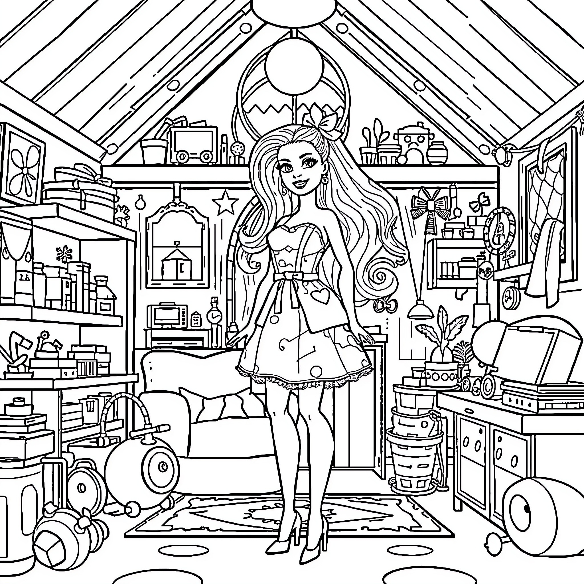 Barbie exploring her whimsical and creative space Coloring Page (free black-and-white line drawing printable PDF for all, from beginners to advanced learners, including children, teens, adults, and seniors)