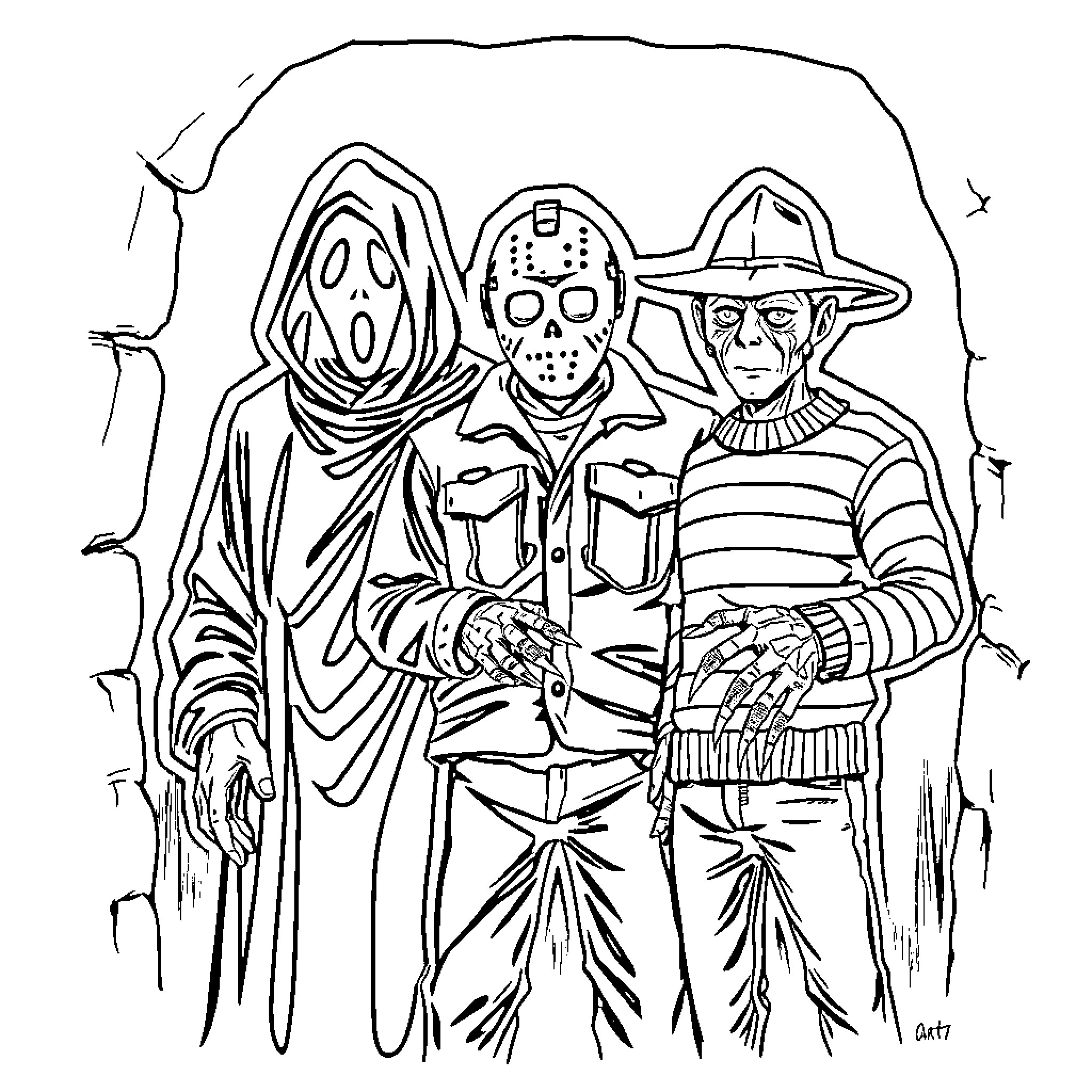 Horror Character Trio in Spooky Setting Coloring Page (free black-and-white line drawing printable PDF for all, from beginners to advanced learners, including children, teens, adults, and seniors)