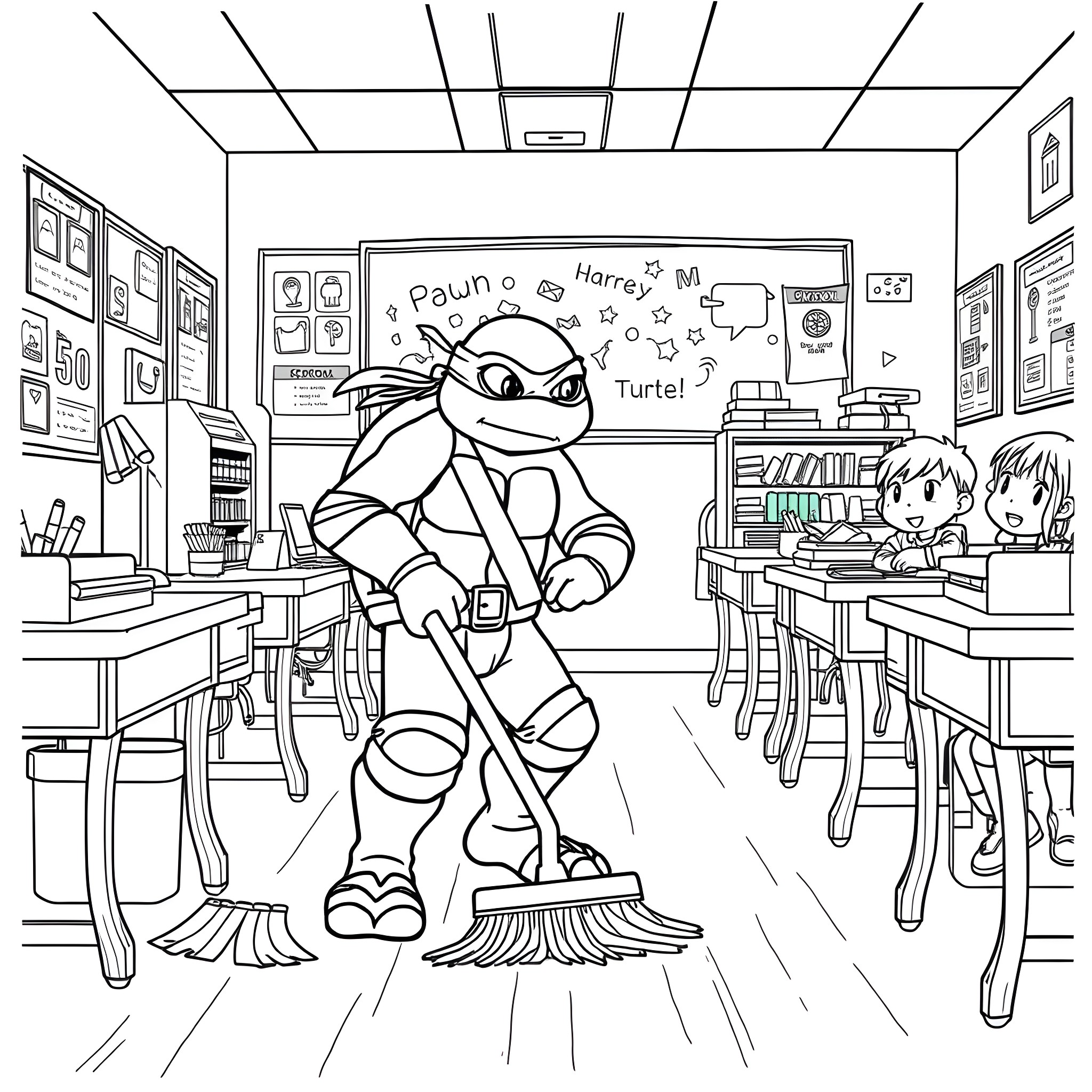 Ninja Turtle Cleaning Classroom with Students Coloring Page (free black-and-white line drawing printable PDF for all, from beginners to advanced learners, including children, teens, adults, and seniors)