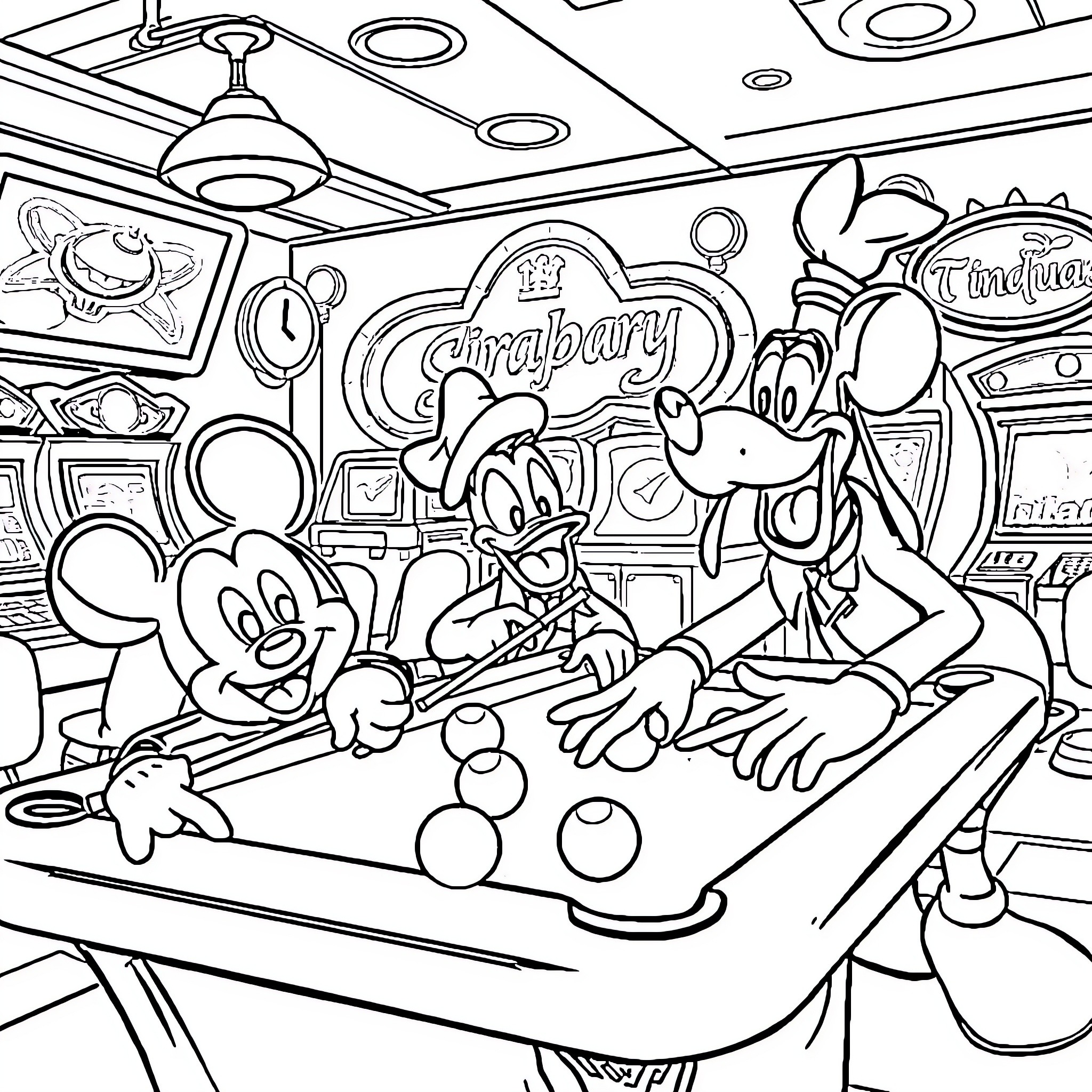 Mickey Mouse and Friends Playing at the Carnival Coloring Page (free black-and-white line drawing printable PDF for all, from beginners to advanced learners, including children, teens, adults, and seniors)