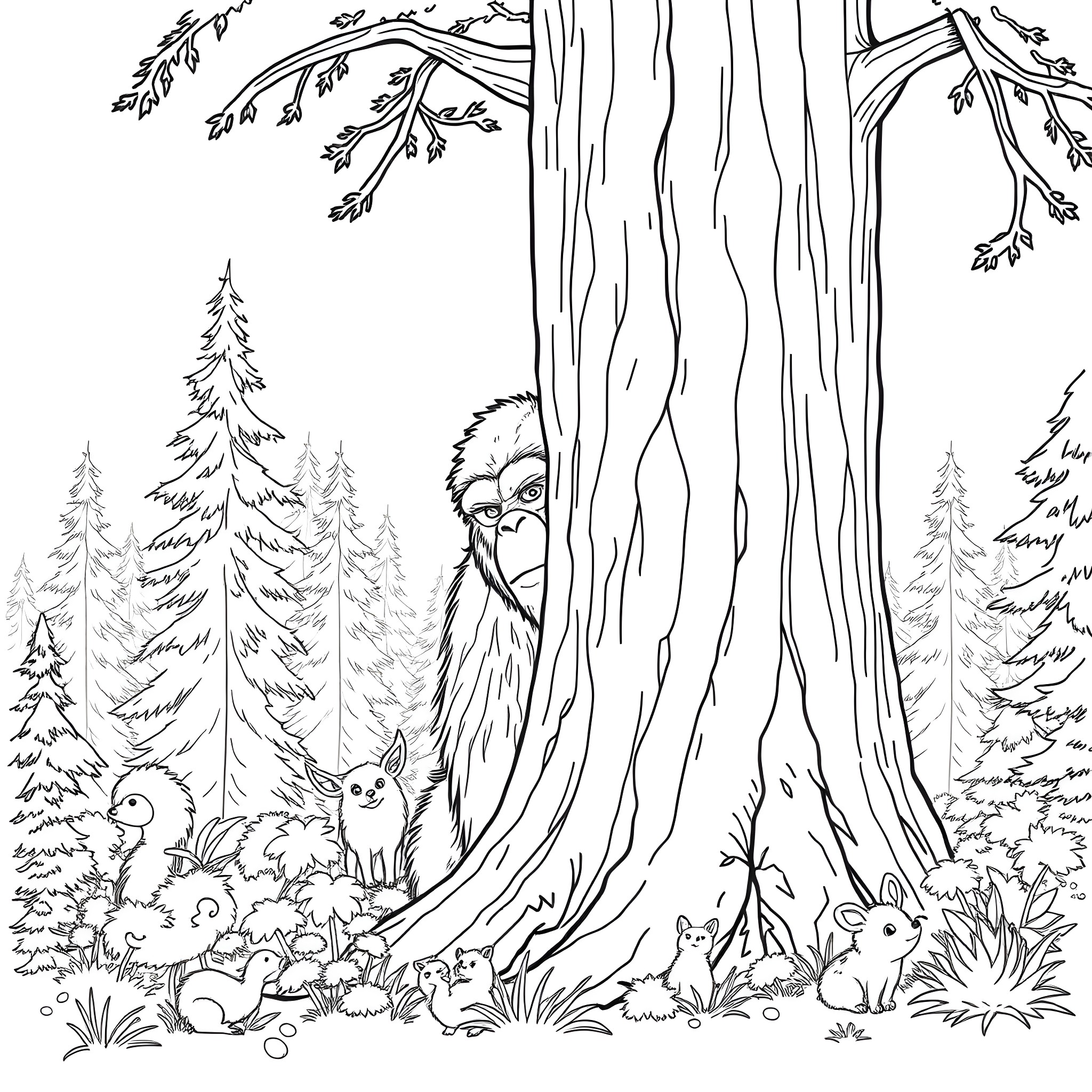 Sasquatch hiding in the forest with woodland creatures Coloring Page (free black-and-white line drawing printable PDF for all, from beginners to advanced learners, including children, teens, adults, and seniors)