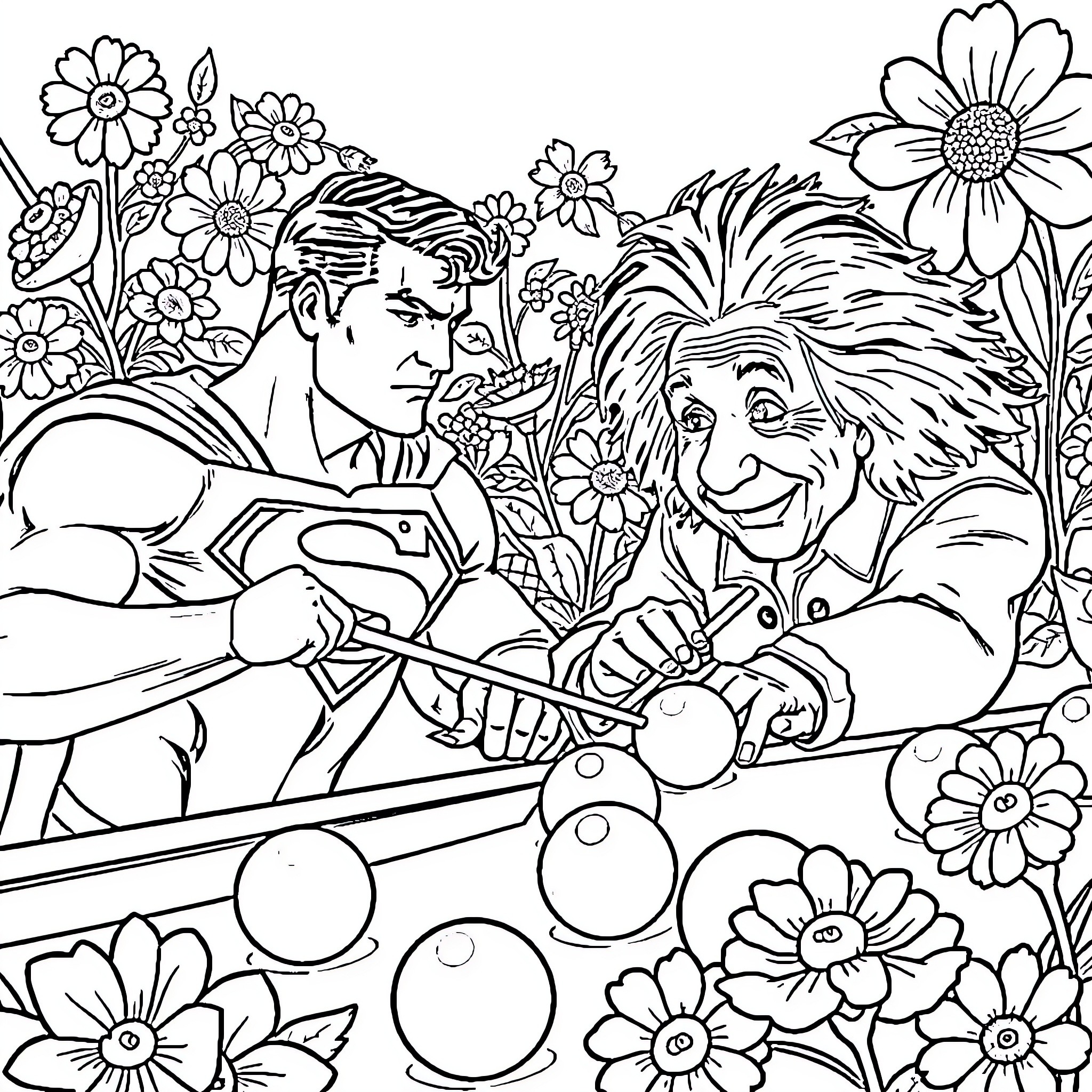 Superman and Einstein Sharing a Moment Coloring Page (free black-and-white line drawing printable PDF for all, from beginners to advanced learners, including children, teens, adults, and seniors)