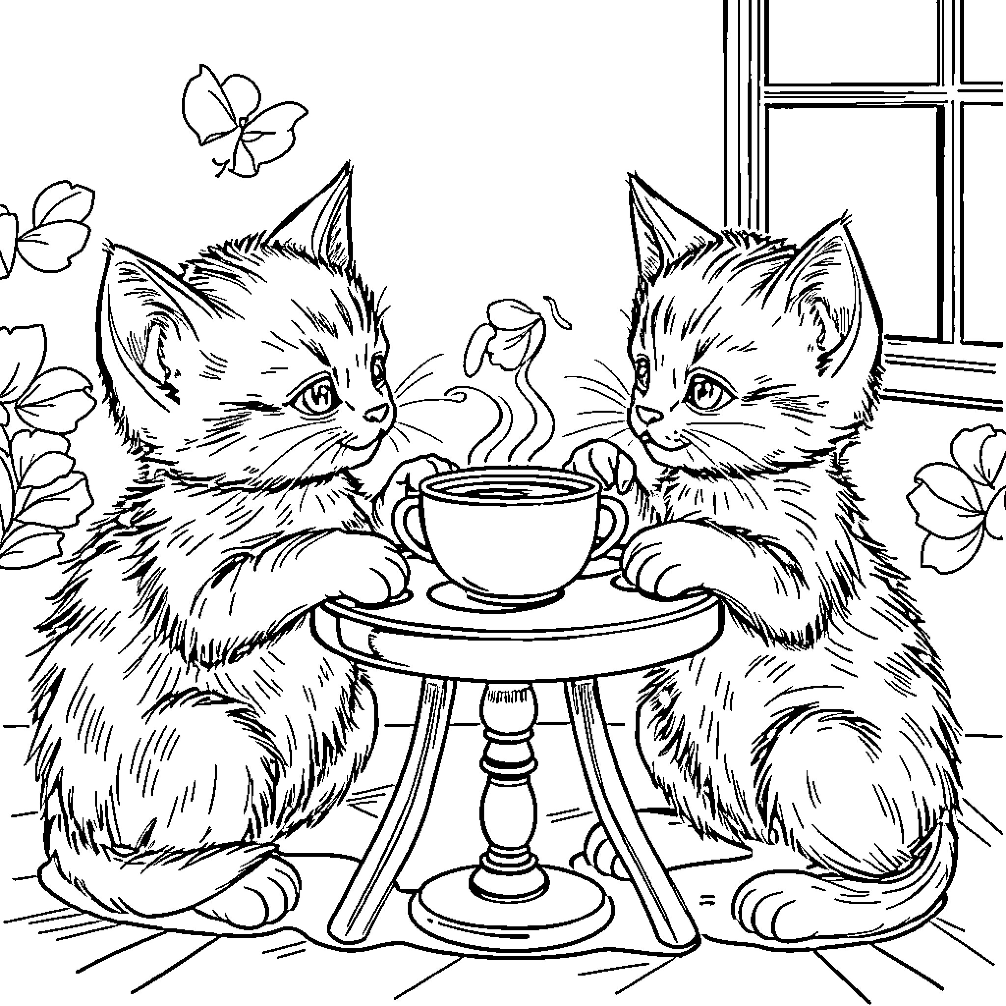 Kittens enjoying a cozy cup of tea Coloring Page (free black-and-white line drawing printable PDF for all, from beginners to advanced learners, including children, teens, adults, and seniors)