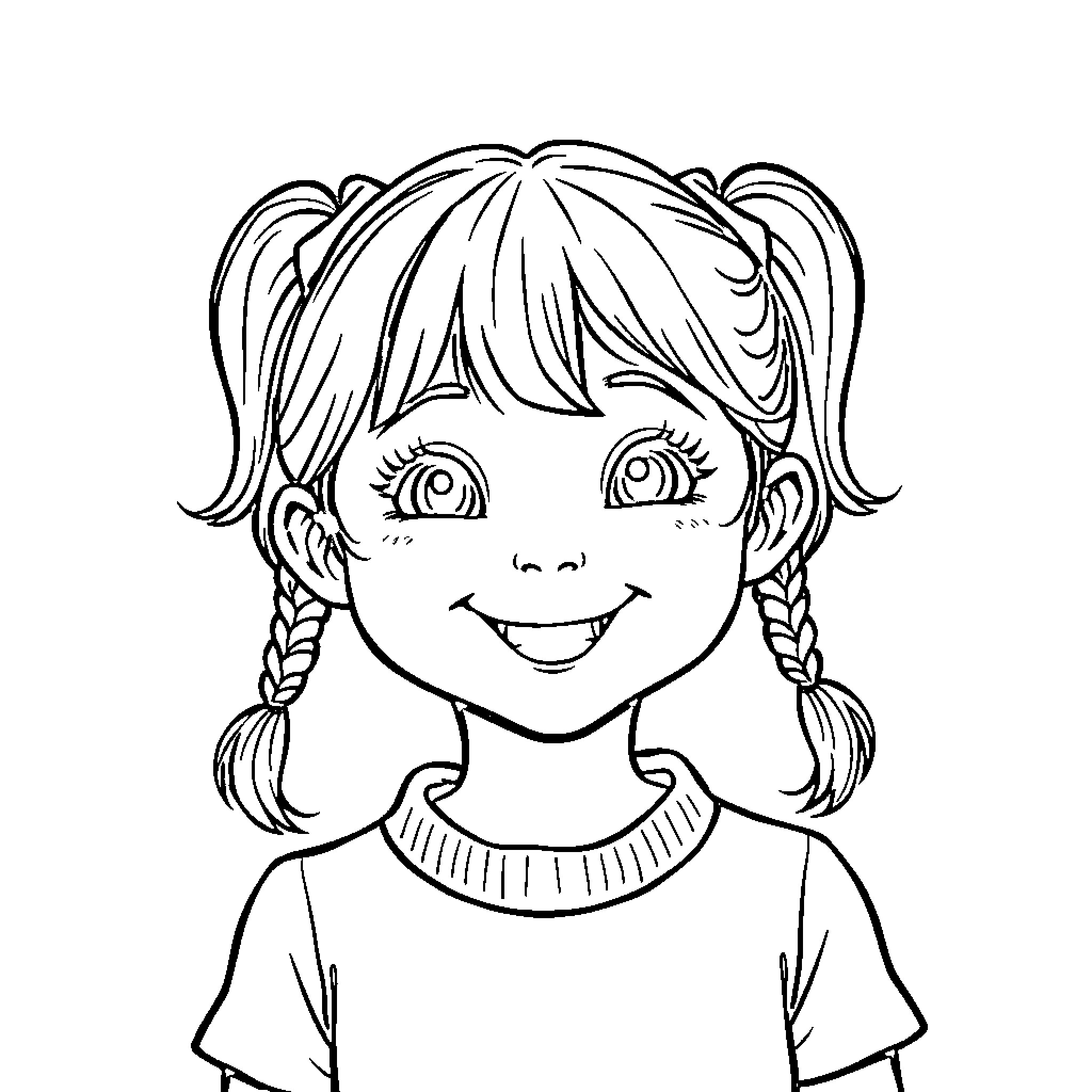 Girl with Pigtails Smiling Happily Coloring Page (free black-and-white line drawing printable PDF for all, from beginners to advanced learners, including children, teens, adults, and seniors)