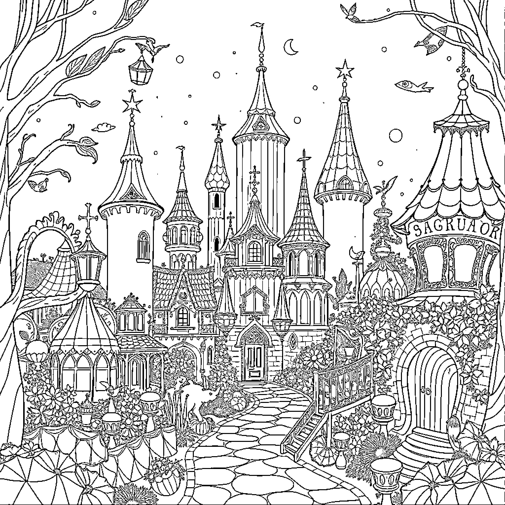 Efteling: A Whimsical Fantasy Landscape Coloring Page (free black-and-white line drawing printable PDF for all, from beginners to advanced learners, including children, teens, adults, and seniors)