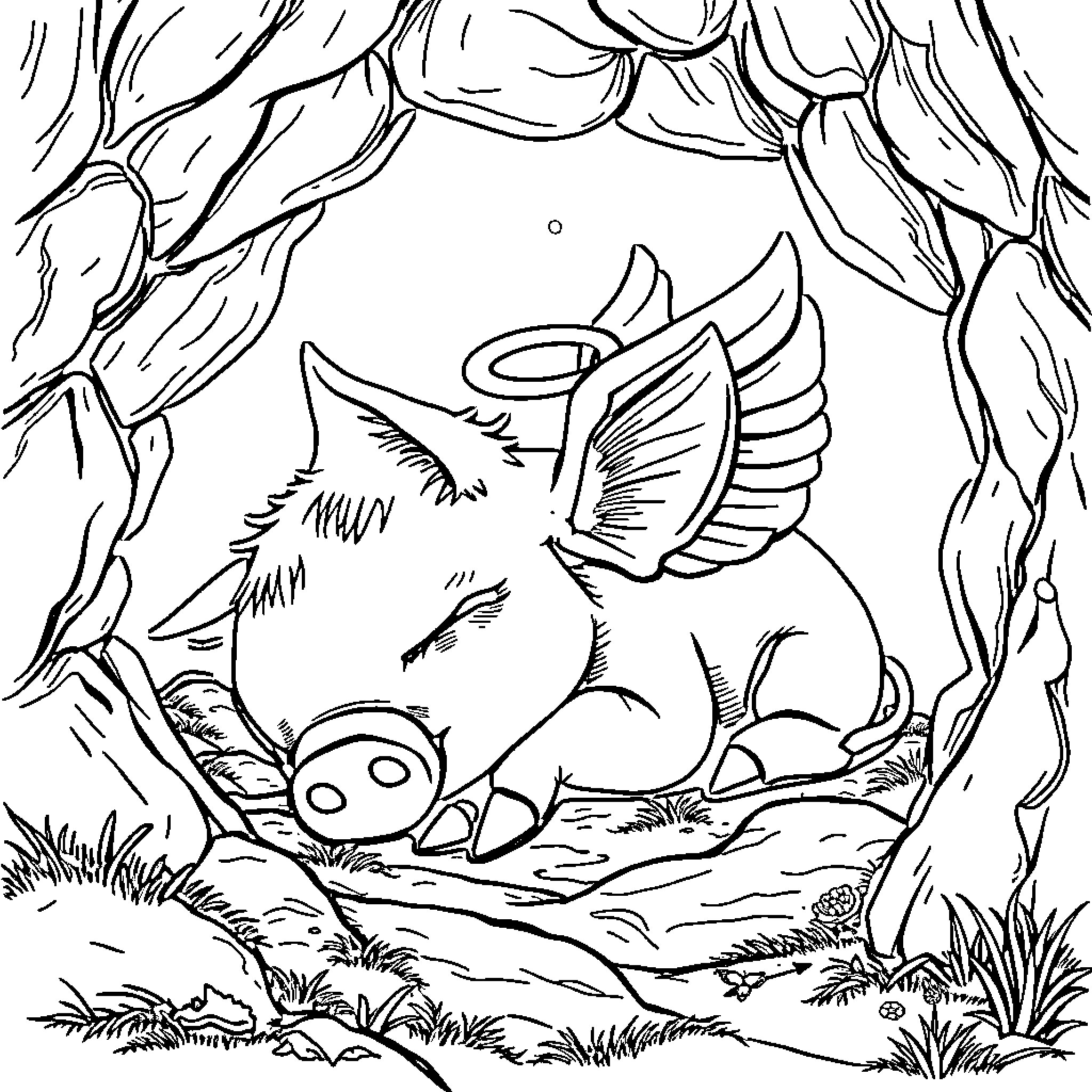 Pig with winged angel costume resting in nature Coloring Page (free black-and-white line drawing printable PDF for all, from beginners to advanced learners, including children, teens, adults, and seniors)