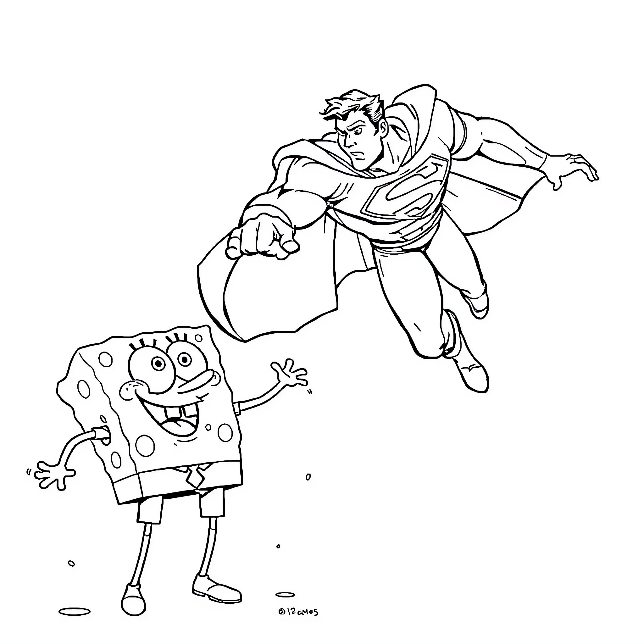 Superman saving a cheerful cartoon character Coloring Page (free black-and-white line drawing printable PDF for all, from beginners to advanced learners, including children, teens, adults, and seniors)