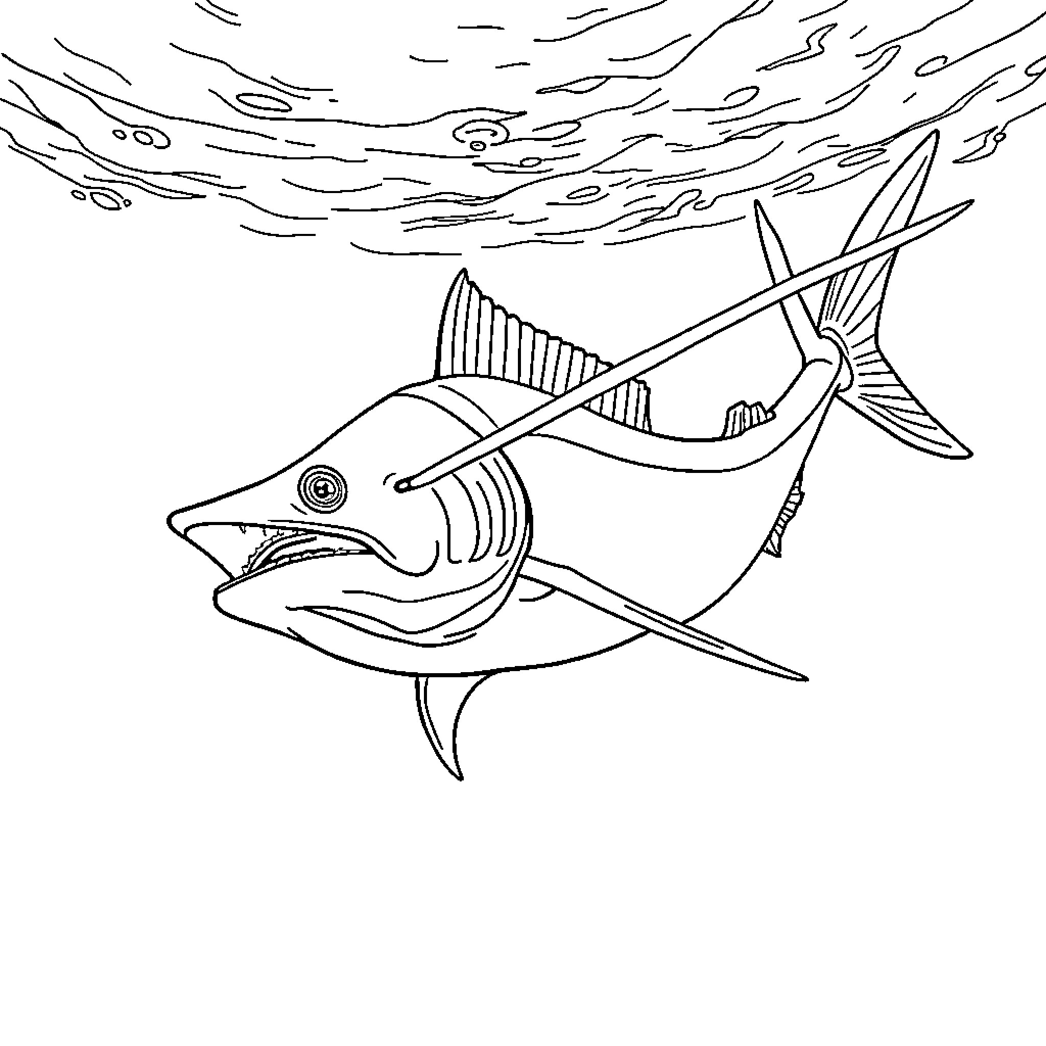 Swordfish Swimming in the Depths Coloring Page (free black-and-white line drawing printable PDF for all, from beginners to advanced learners, including children, teens, adults, and seniors)