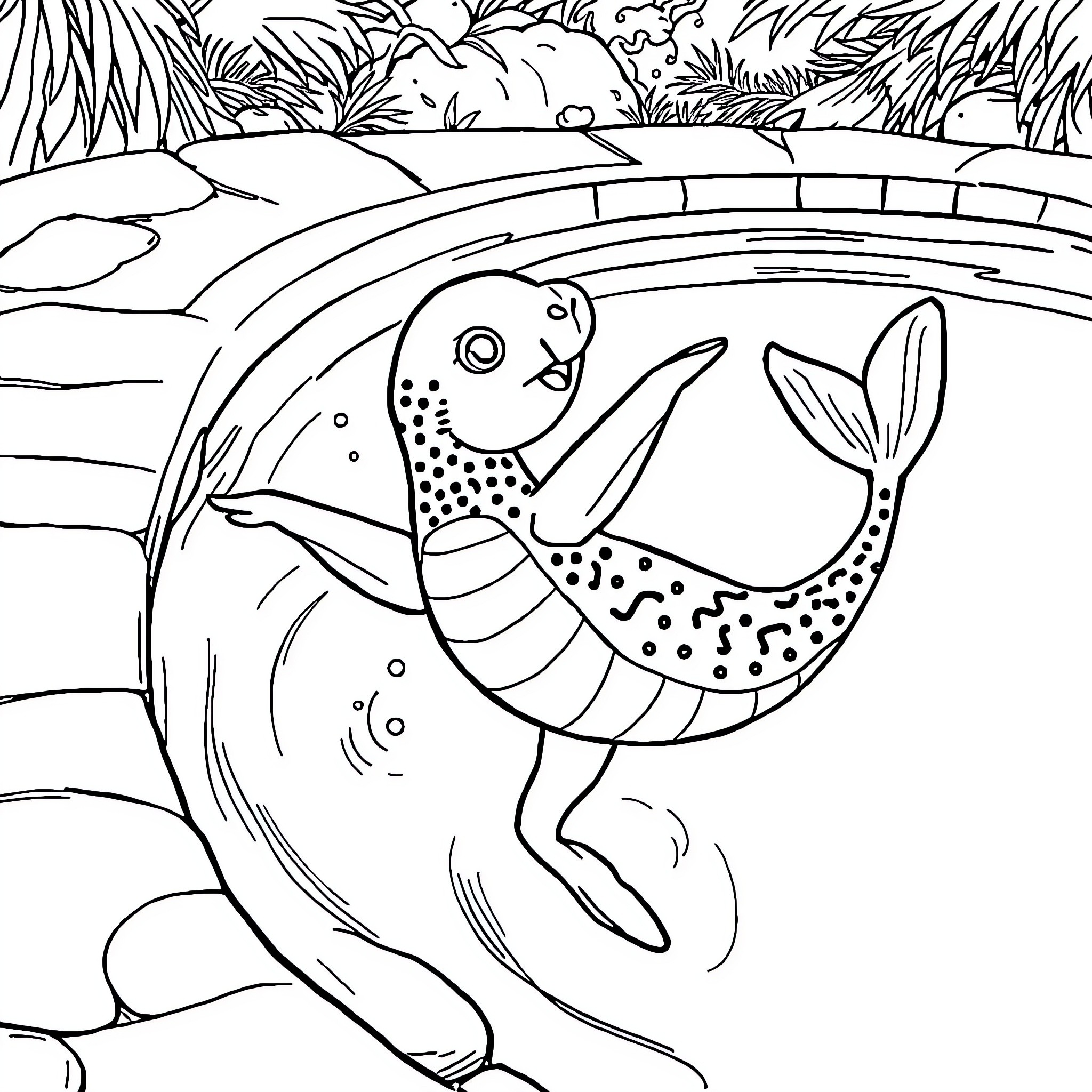 Dancing Poop Frolics in Tropical Lagoon Coloring Page (free black-and-white line drawing printable PDF for all, from beginners to advanced learners, including children, teens, adults, and seniors)