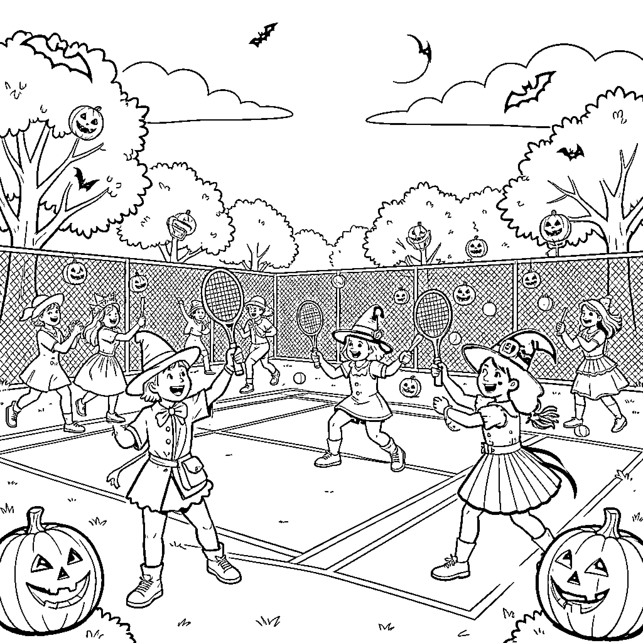 Halloween Celebration with Tennis Players and Costumes Coloring Page (free black-and-white line drawing printable PDF for all, from beginners to advanced learners, including children, teens, adults, and seniors)