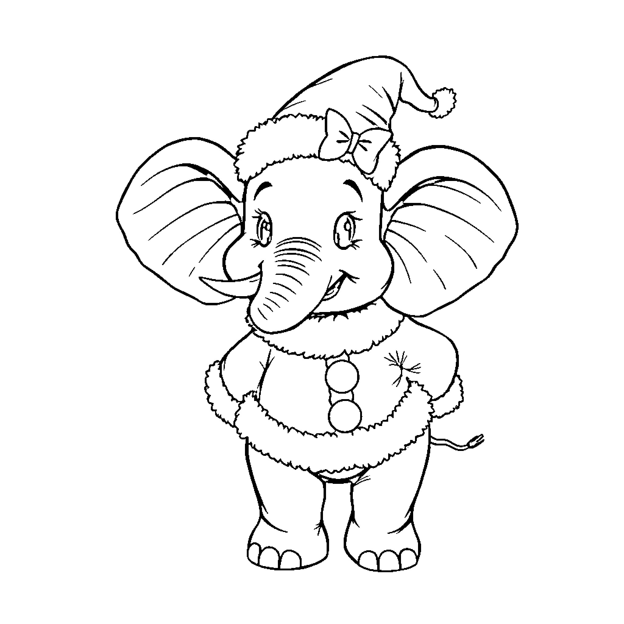 Elephant wearing festive attire Coloring Page (free black-and-white line drawing printable PDF for all, from beginners to advanced learners, including children, teens, adults, and seniors)