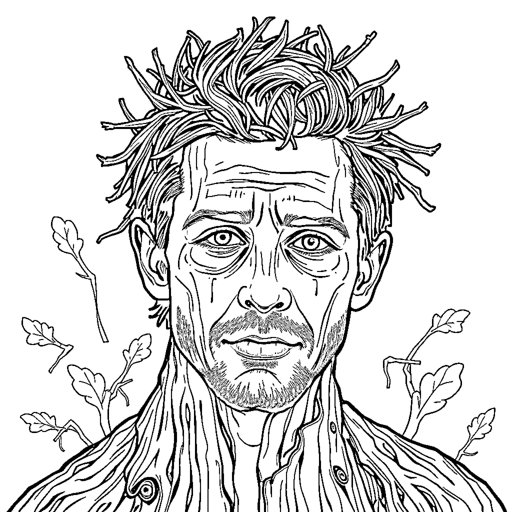 Elijah Wood as a contemplative woodland wanderer Coloring Page (free black-and-white line drawing printable PDF for all, from beginners to advanced learners, including children, teens, adults, and seniors)
