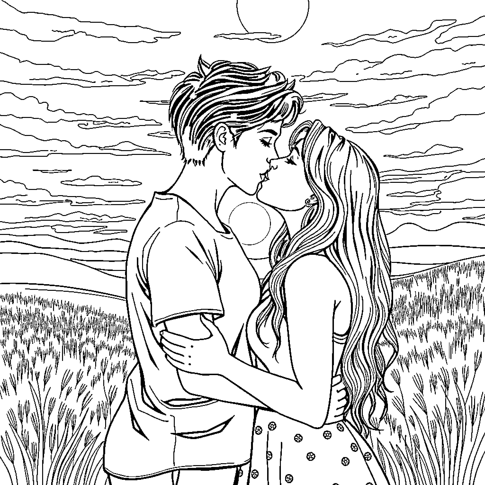 Lesbian lovers embrace in nature Coloring Page (free black-and-white line drawing printable PDF for all, from beginners to advanced learners, including children, teens, adults, and seniors)