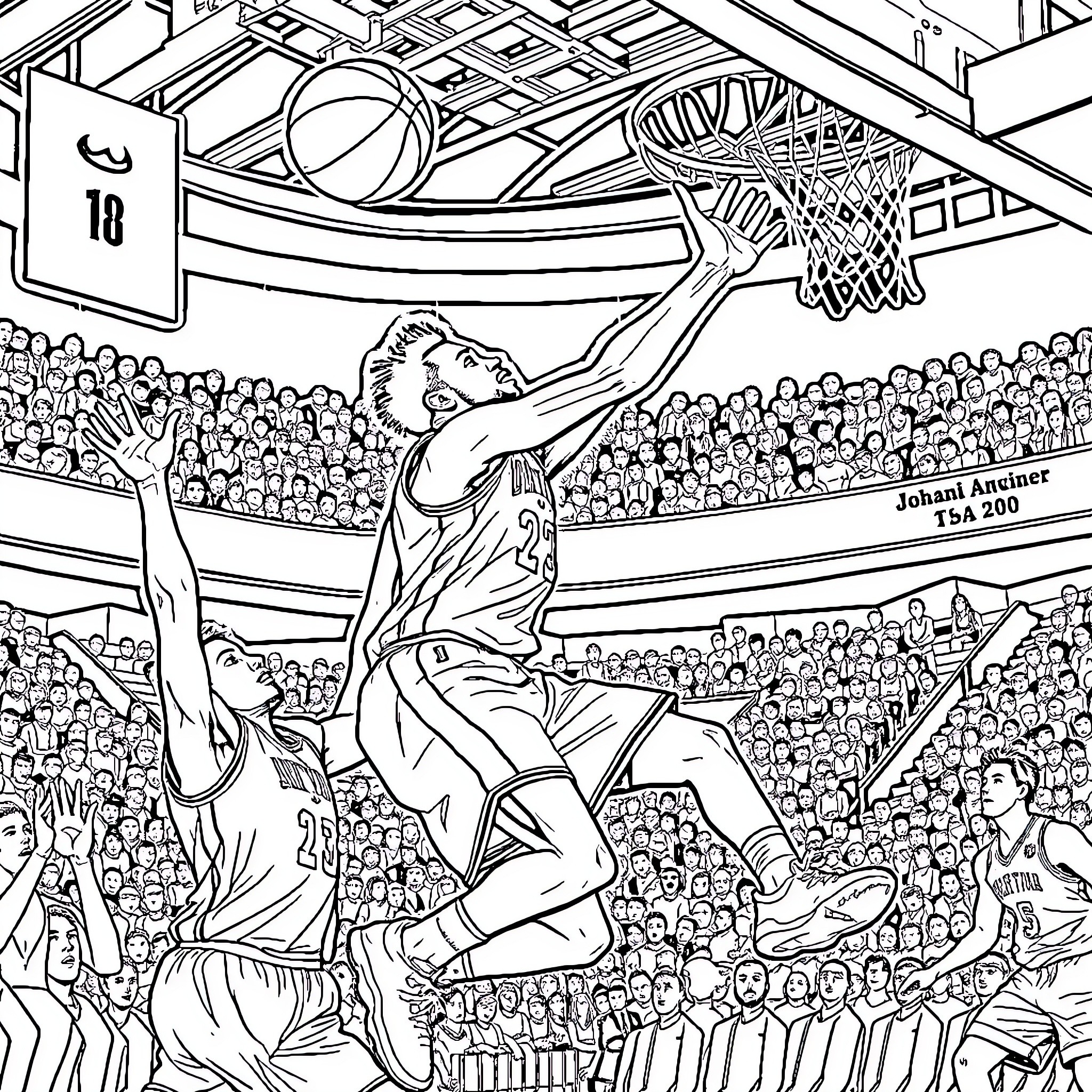 Basketball players in an intense court scene Coloring Page (free black-and-white line drawing printable PDF for all, from beginners to advanced learners, including children, teens, adults, and seniors)