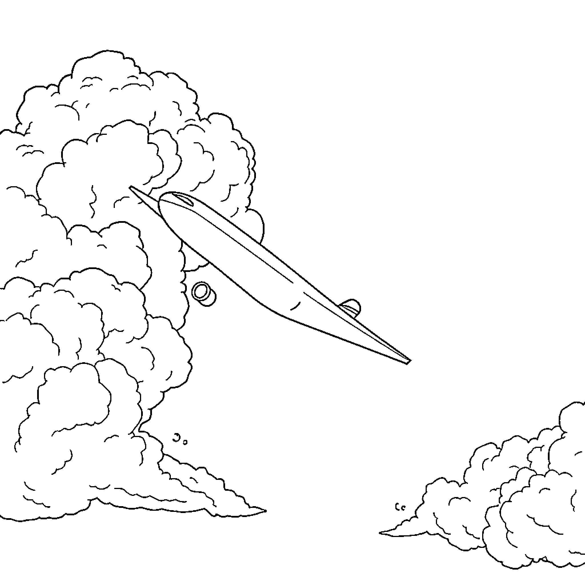 Airplane soaring through clouds in the sky Coloring Page (free black-and-white line drawing printable PDF for all, from beginners to advanced learners, including children, teens, adults, and seniors)