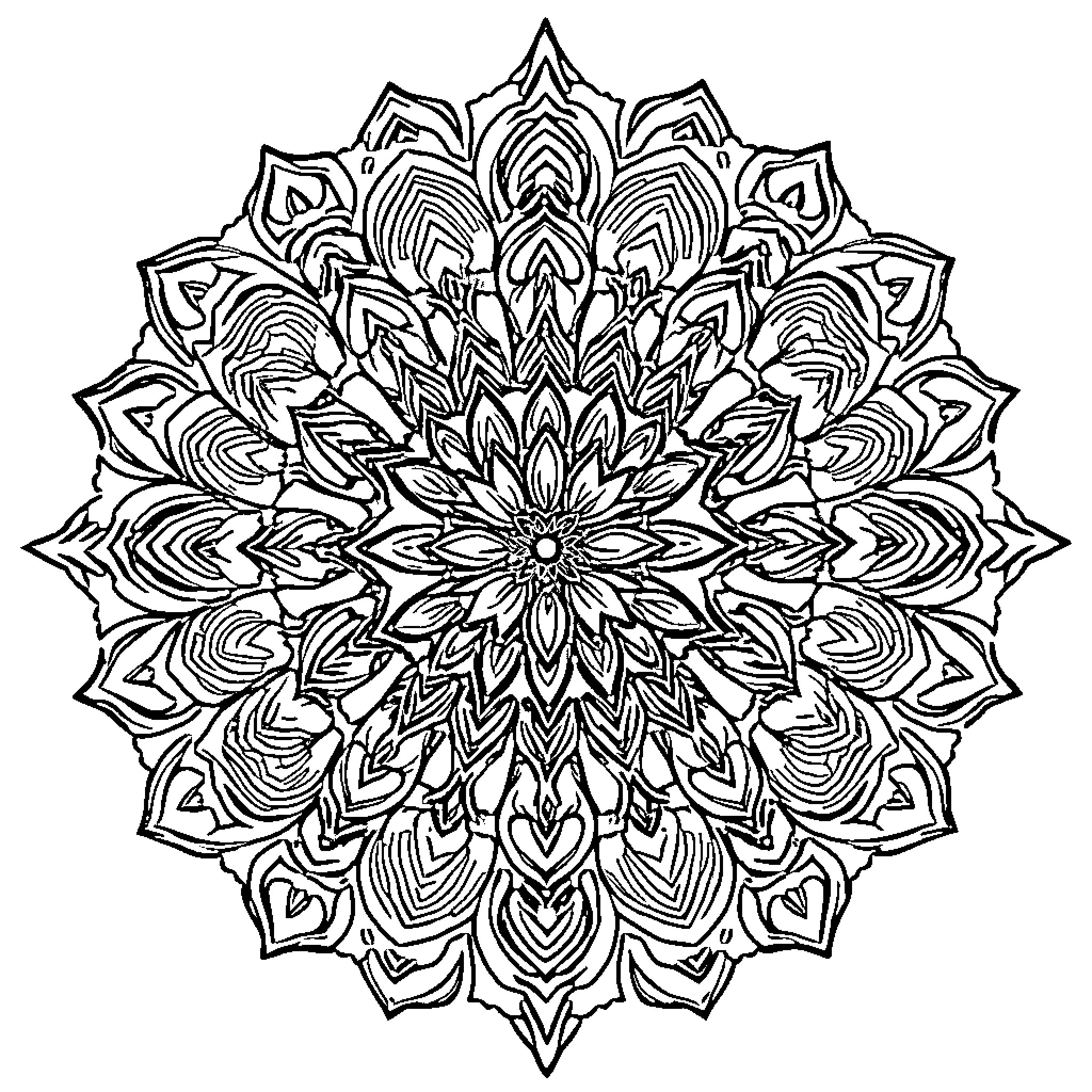 Mandala of intricate floral patterns and symmetrical design Coloring Page (free black-and-white line drawing printable PDF for all, from beginners to advanced learners, including children, teens, adults, and seniors)