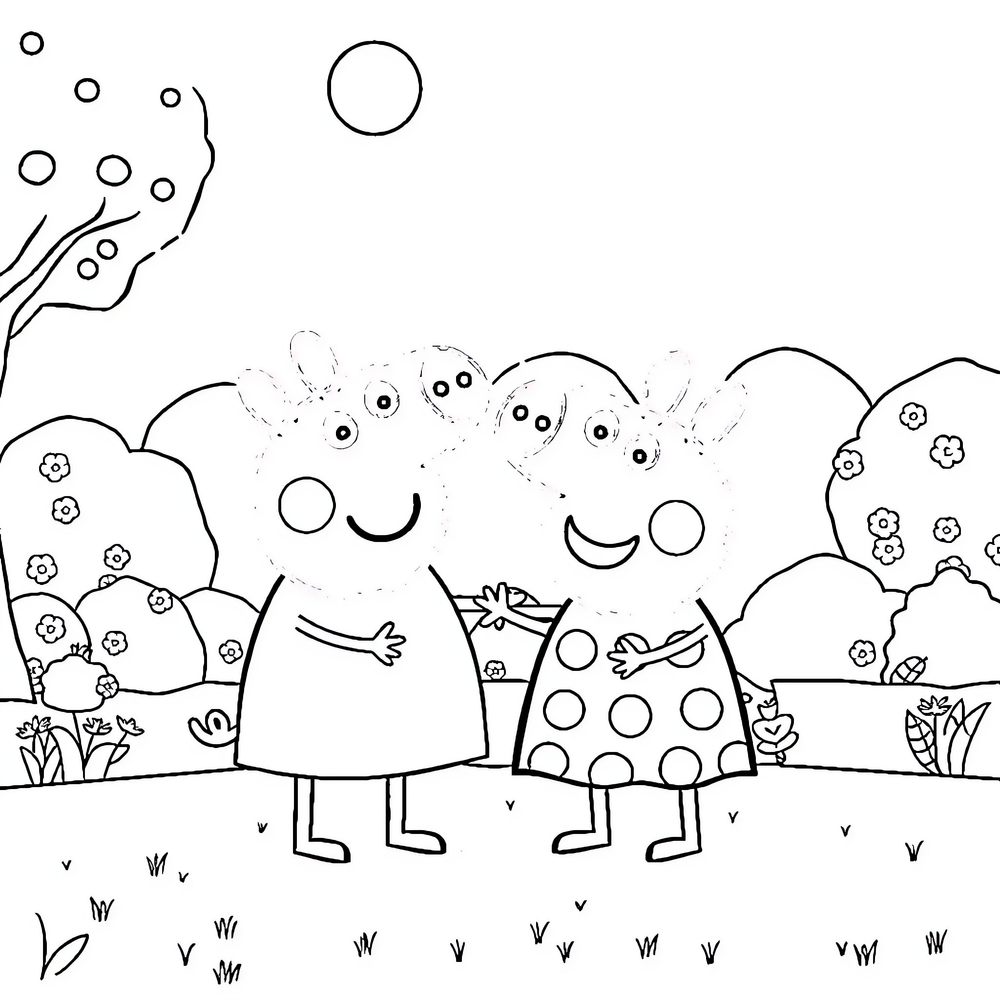 Peppa and friends playing happily in the meadow Coloring Page (free black-and-white line drawing printable PDF for all, from beginners to advanced learners, including children, teens, adults, and seniors)