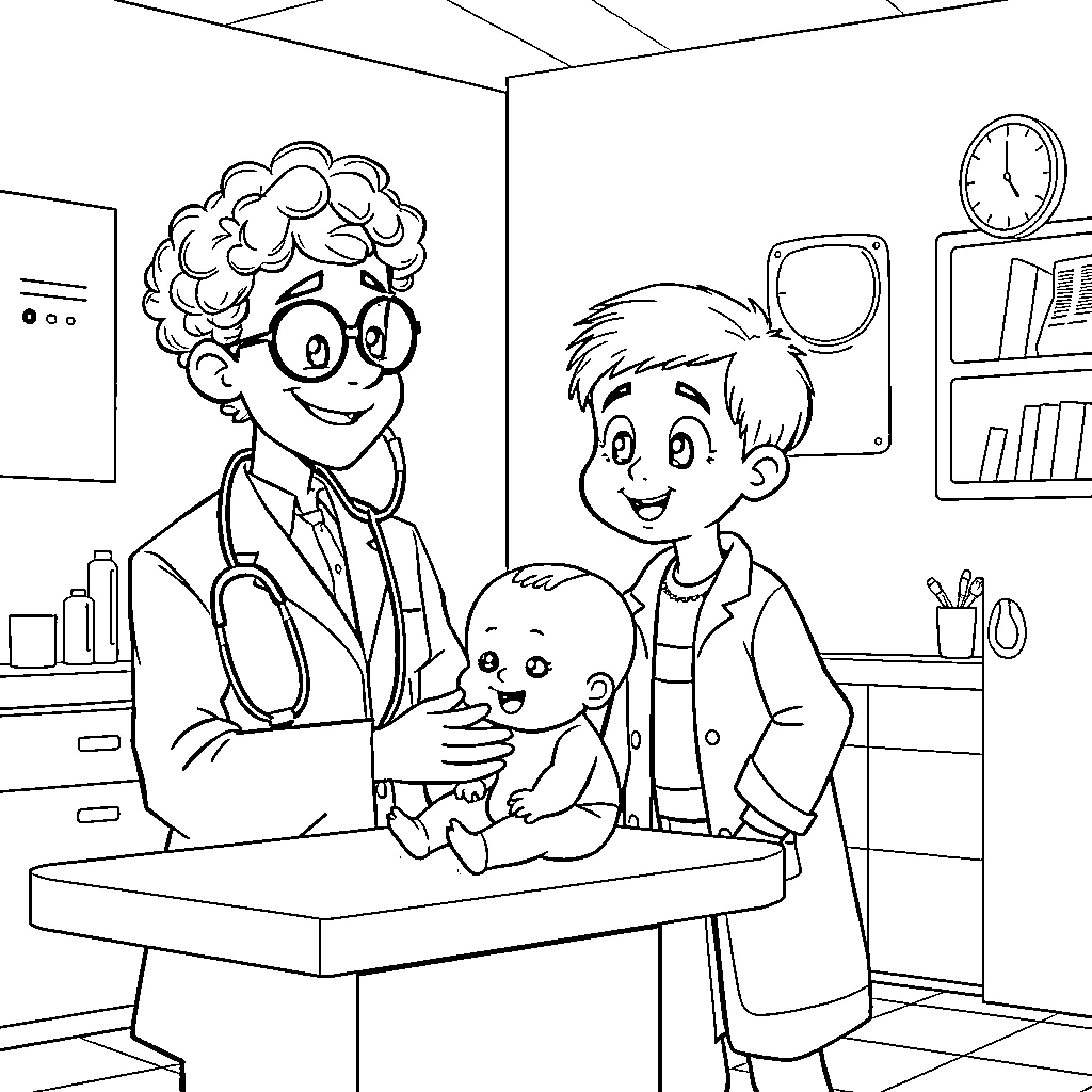 Doctor Examining Happy Young Patient in Office Coloring Page (free black-and-white line drawing printable PDF for all, from beginners to advanced learners, including children, teens, adults, and seniors)