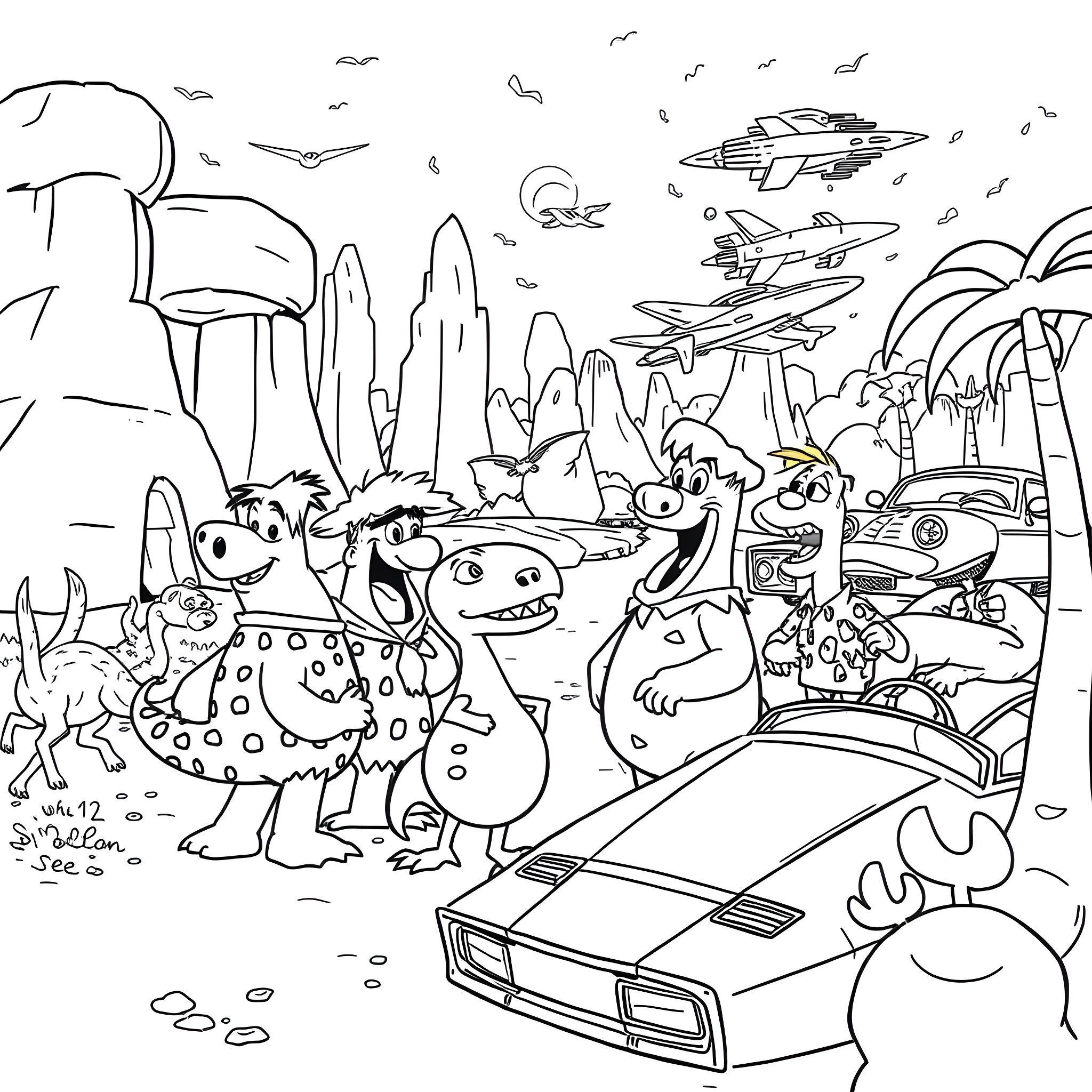 Flintstones characters in a prehistoric sci-fi adventure Coloring Page (free black-and-white line drawing printable PDF for all, from beginners to advanced learners, including children, teens, adults, and seniors)