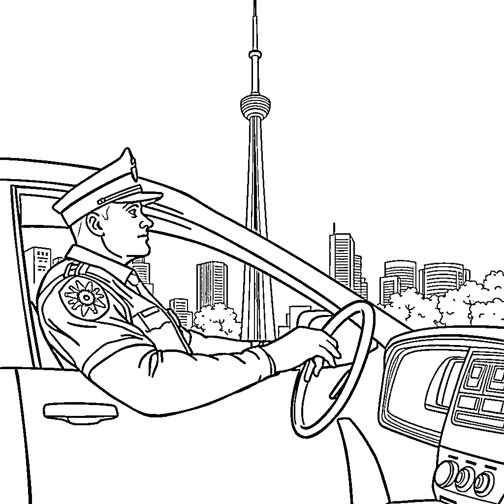 Police Officer Driving Patrol Car in City Coloring Page (free black-and-white line drawing printable PDF for all, from beginners to advanced learners, including children, teens, adults, and seniors)