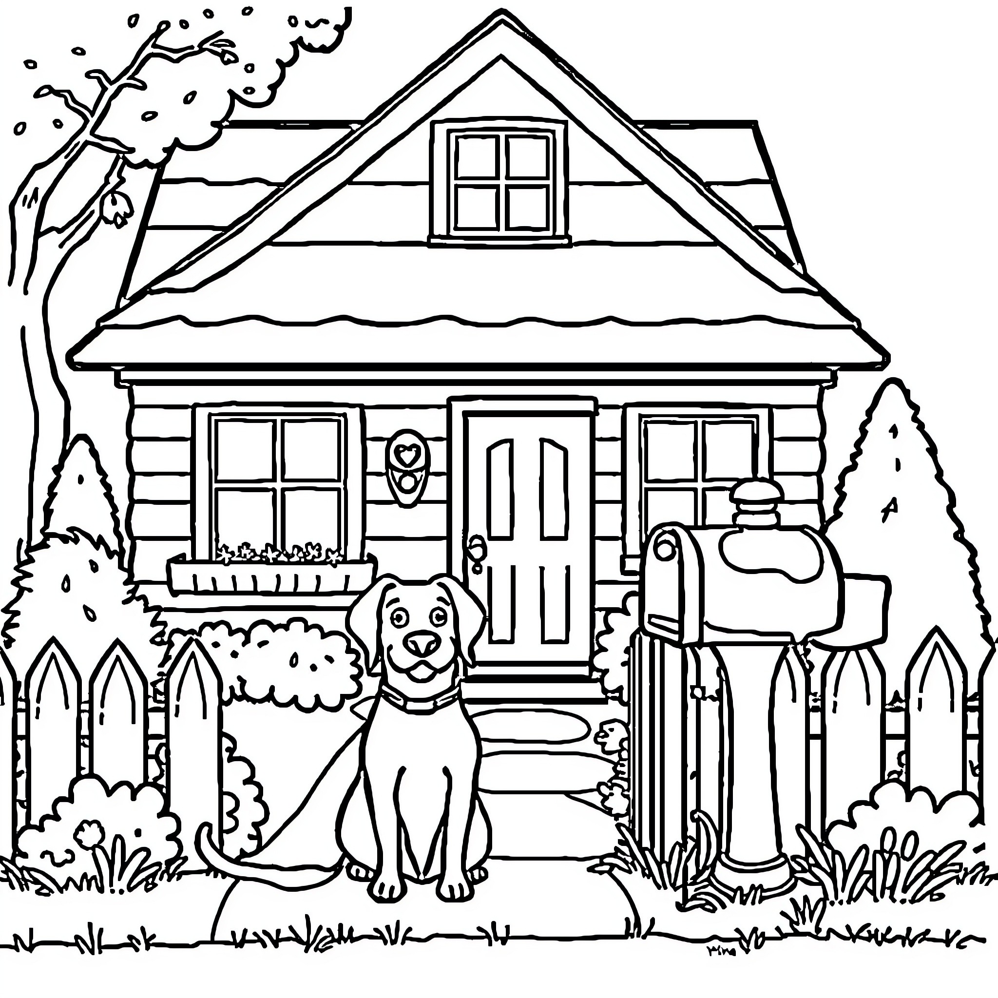 House with a dog and a cute scene Coloring Page (free black-and-white line drawing printable PDF for all, from beginners to advanced learners, including children, teens, adults, and seniors)
