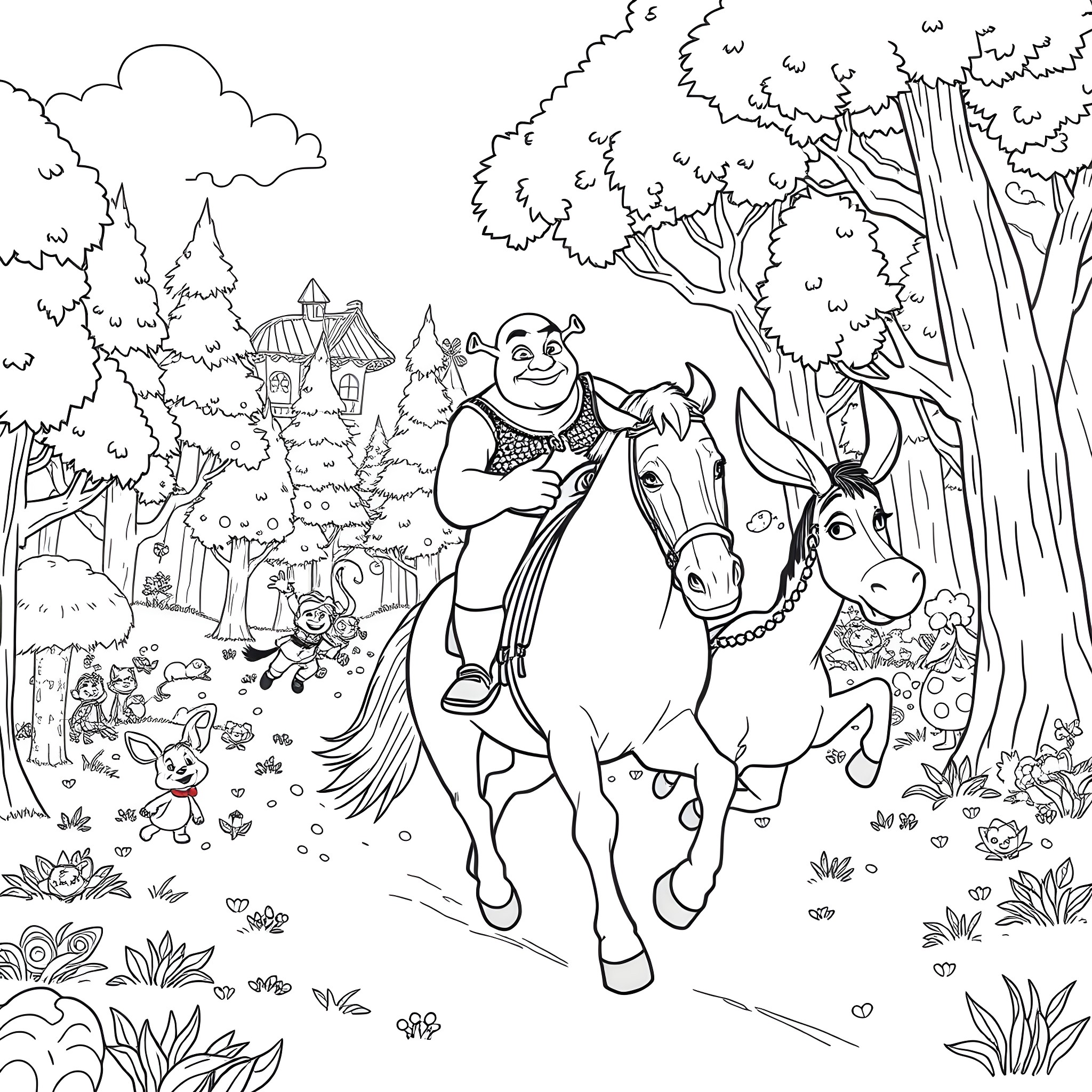 Shrek riding a horse through a fantasy forest Coloring Page (free black-and-white line drawing printable PDF for all, from beginners to advanced learners, including children, teens, adults, and seniors)