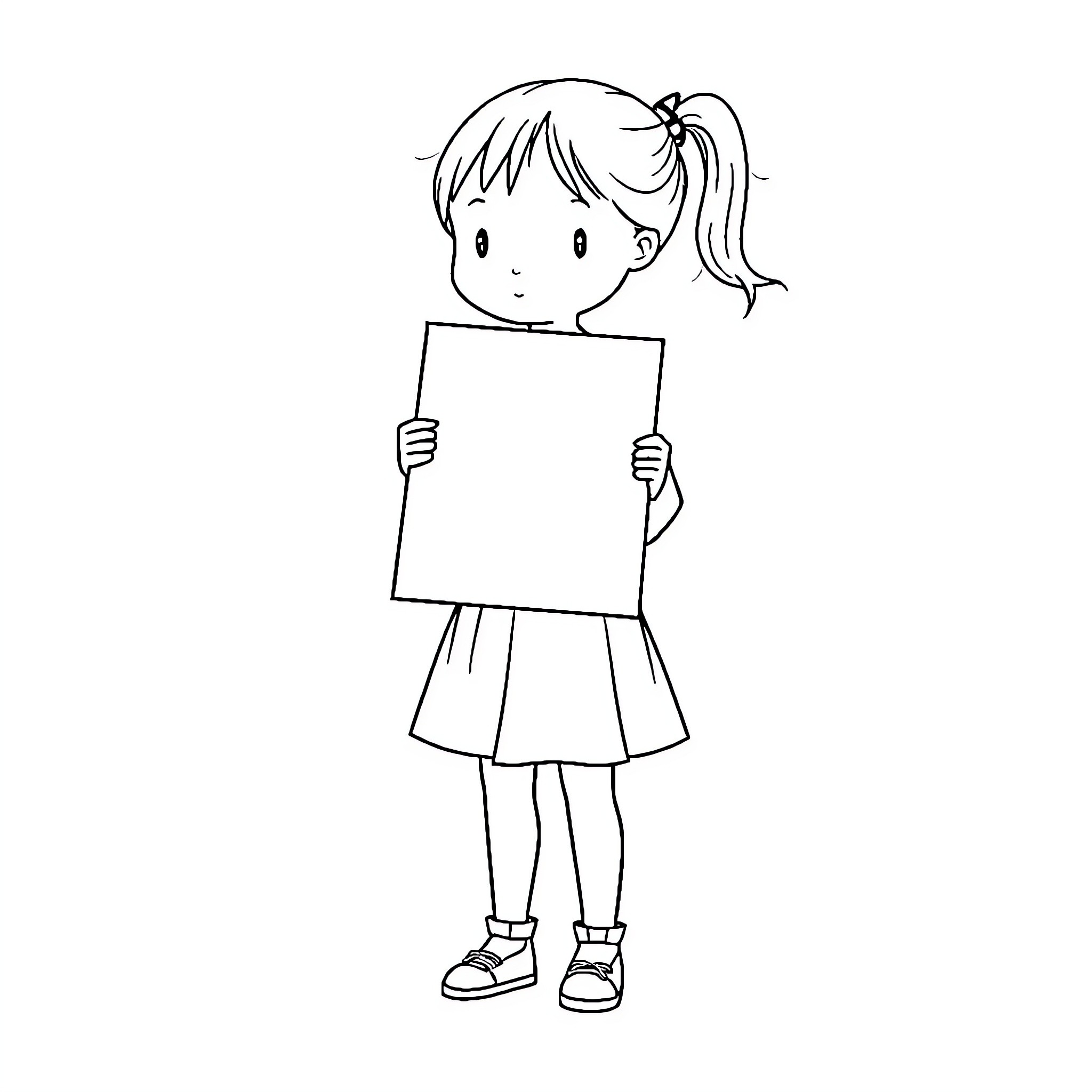 Girl holding a blank sign Coloring Page (free black-and-white line drawing printable PDF for all, from beginners to advanced learners, including children, teens, adults, and seniors)