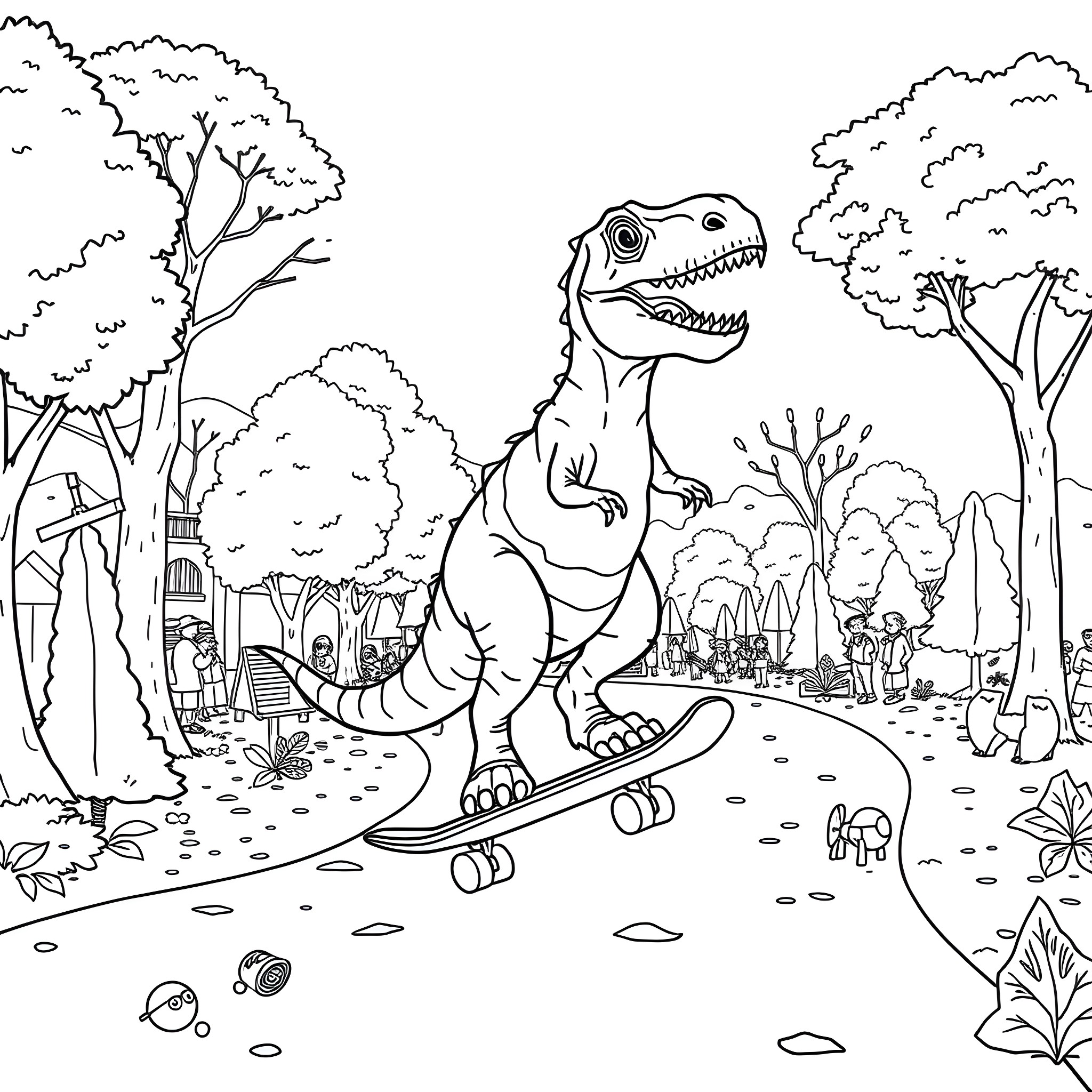 Dinosaur riding skateboard in park with trees Coloring Page (free black-and-white line drawing printable PDF for all, from beginners to advanced learners, including children, teens, adults, and seniors)