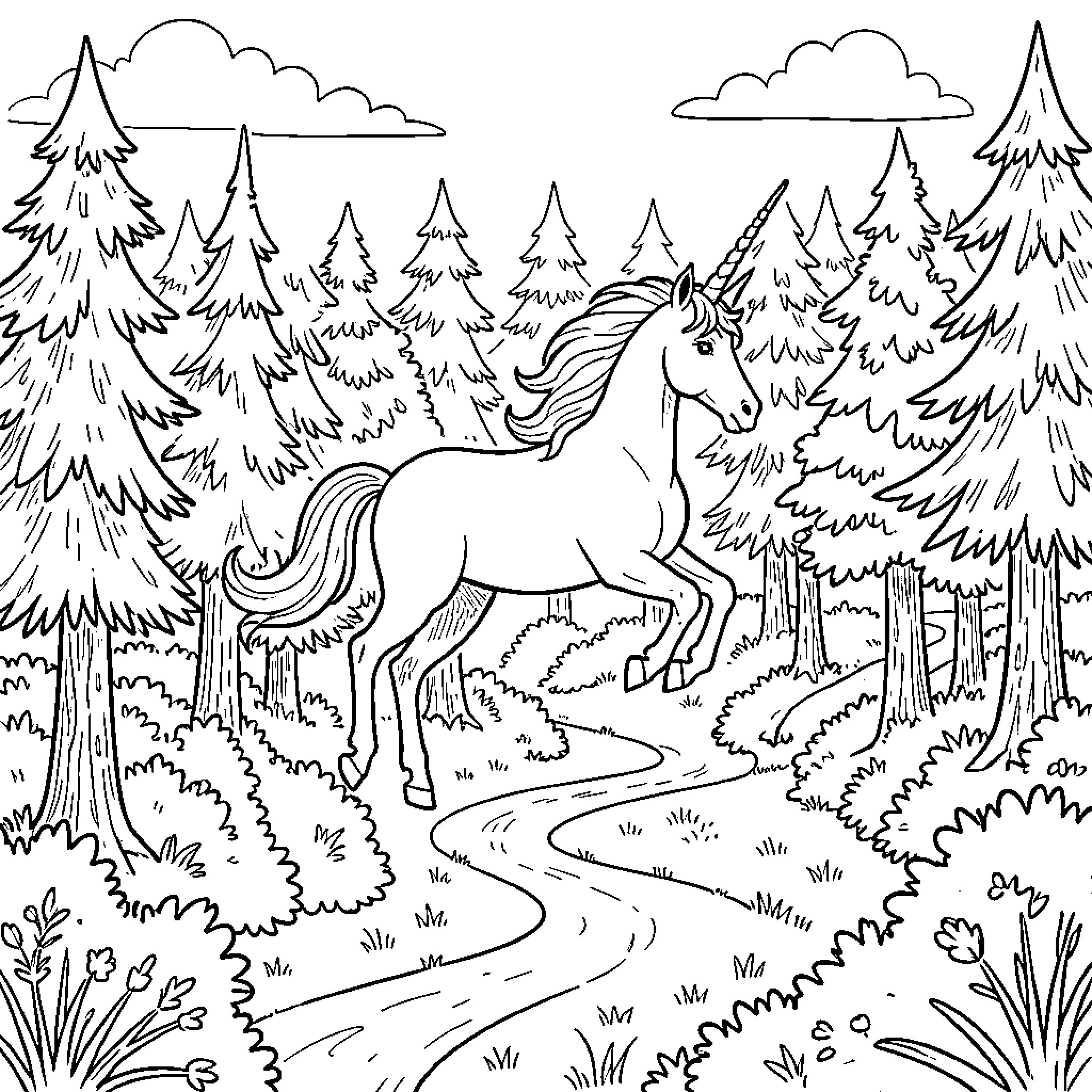 Unicorn walking gracefully through a dense forest Coloring Page (free black-and-white line drawing printable PDF for all, from beginners to advanced learners, including children, teens, adults, and seniors)
