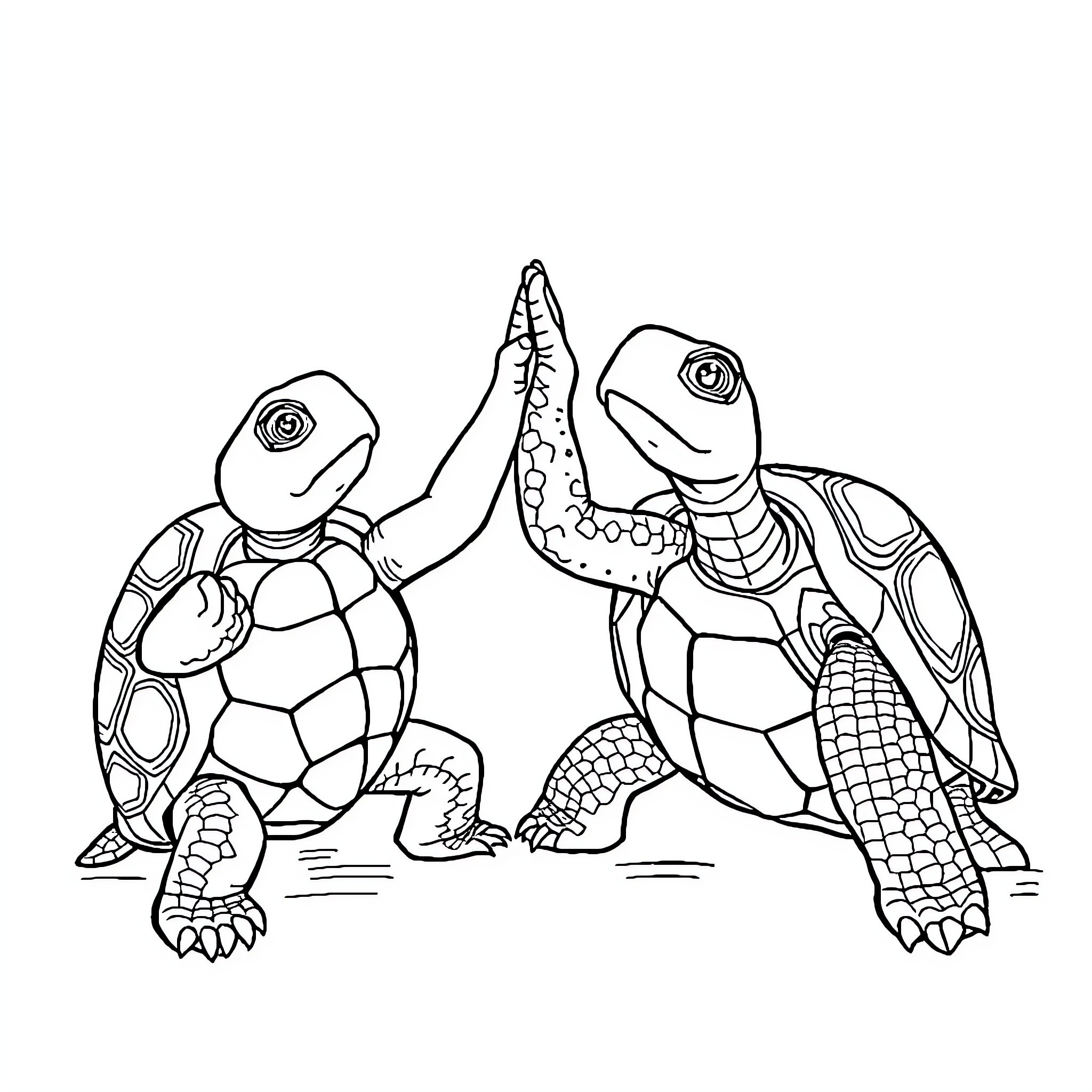 Turtle friends having a friendly interaction Coloring Page (free black-and-white line drawing printable PDF for all, from beginners to advanced learners, including children, teens, adults, and seniors)