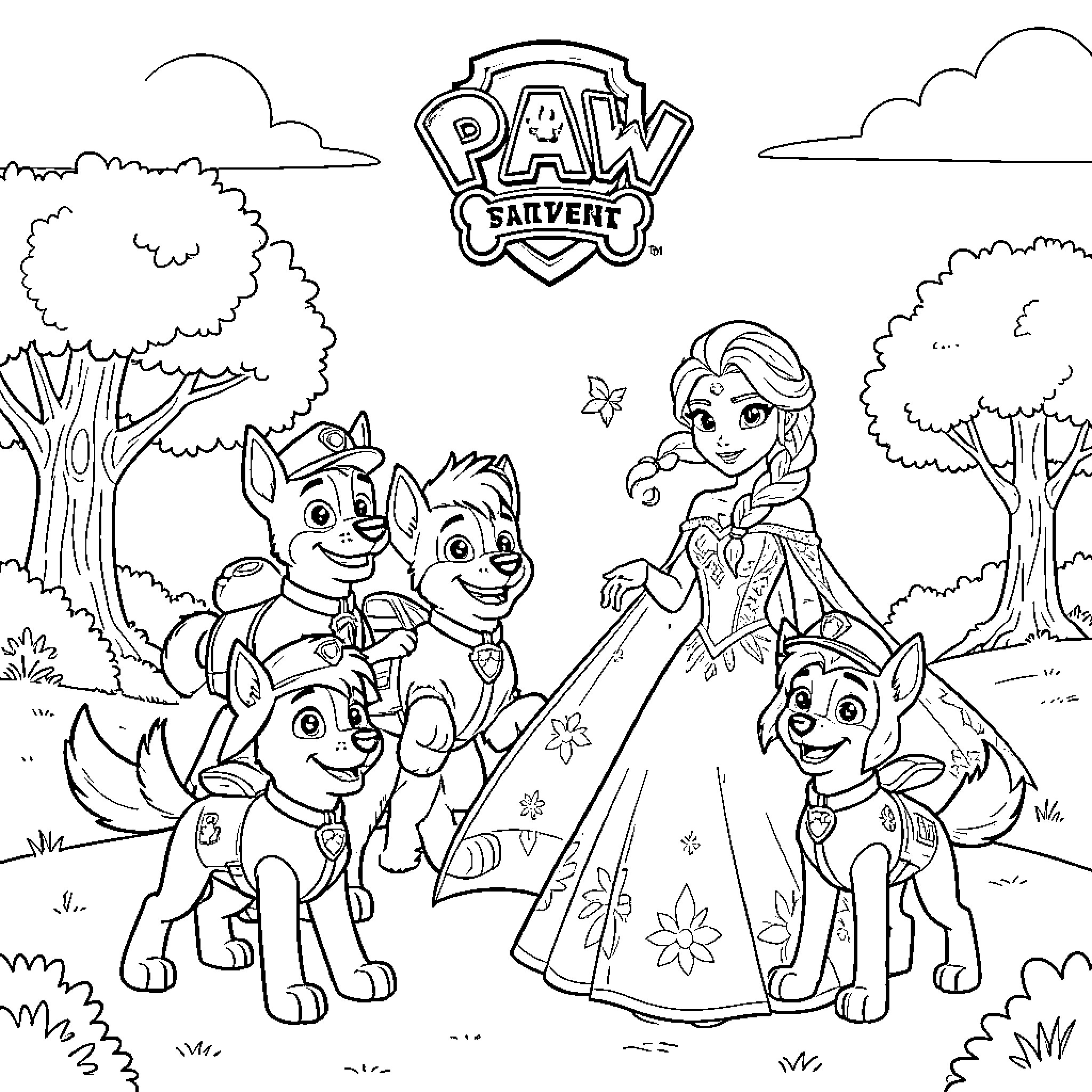 Paw Patrol pups celebrating with a princess in nature Coloring Page (free black-and-white line drawing printable PDF for all, from beginners to advanced learners, including children, teens, adults, and seniors)