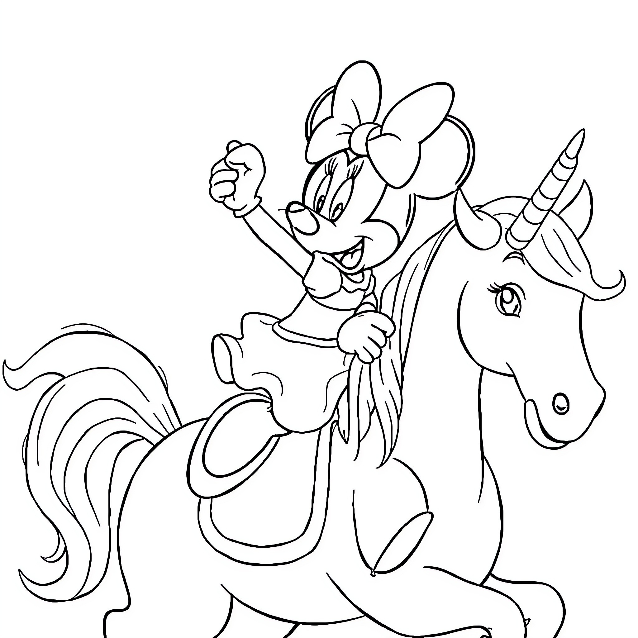 Minnie Mouse riding a unicorn with excitement Coloring Page (free black-and-white line drawing printable PDF for all, from beginners to advanced learners, including children, teens, adults, and seniors)