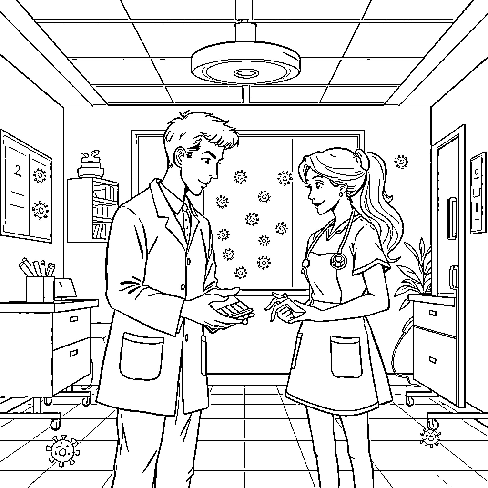 Doctor and Nurse Discussing Medical Matters Coloring Page (free black-and-white line drawing printable PDF for all, from beginners to advanced learners, including children, teens, adults, and seniors)