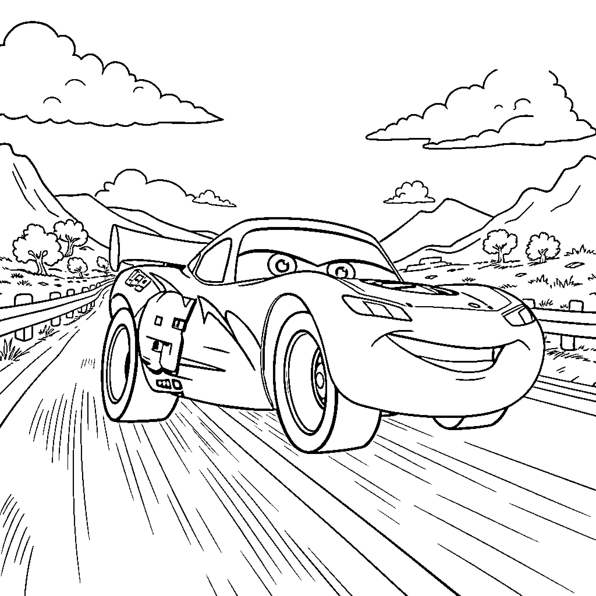 Lightning McQueen races on the open road Coloring Page (free black-and-white line drawing printable PDF for all, from beginners to advanced learners, including children, teens, adults, and seniors)