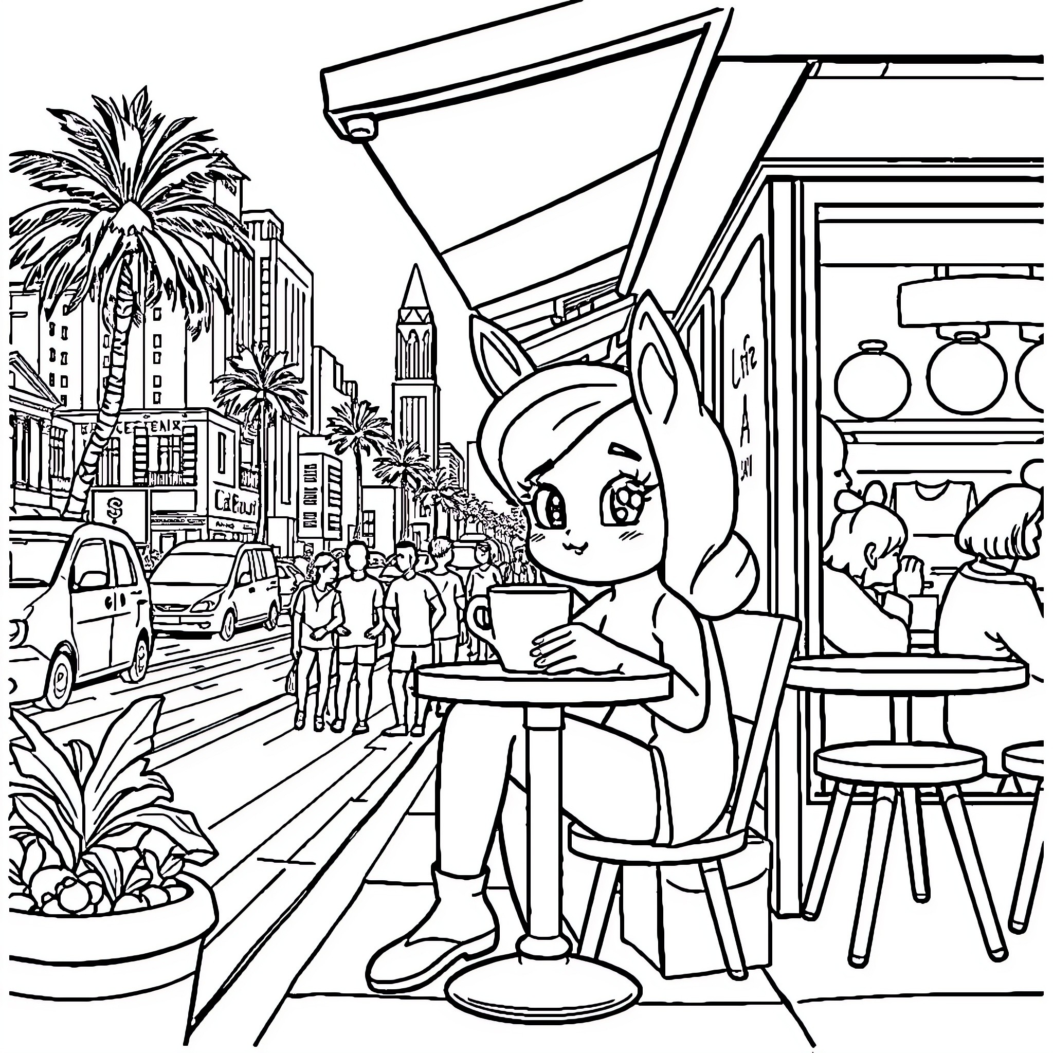 Bubu's Cafe Outing in the Lively City Coloring Page (free black-and-white line drawing printable PDF for all, from beginners to advanced learners, including children, teens, adults, and seniors)