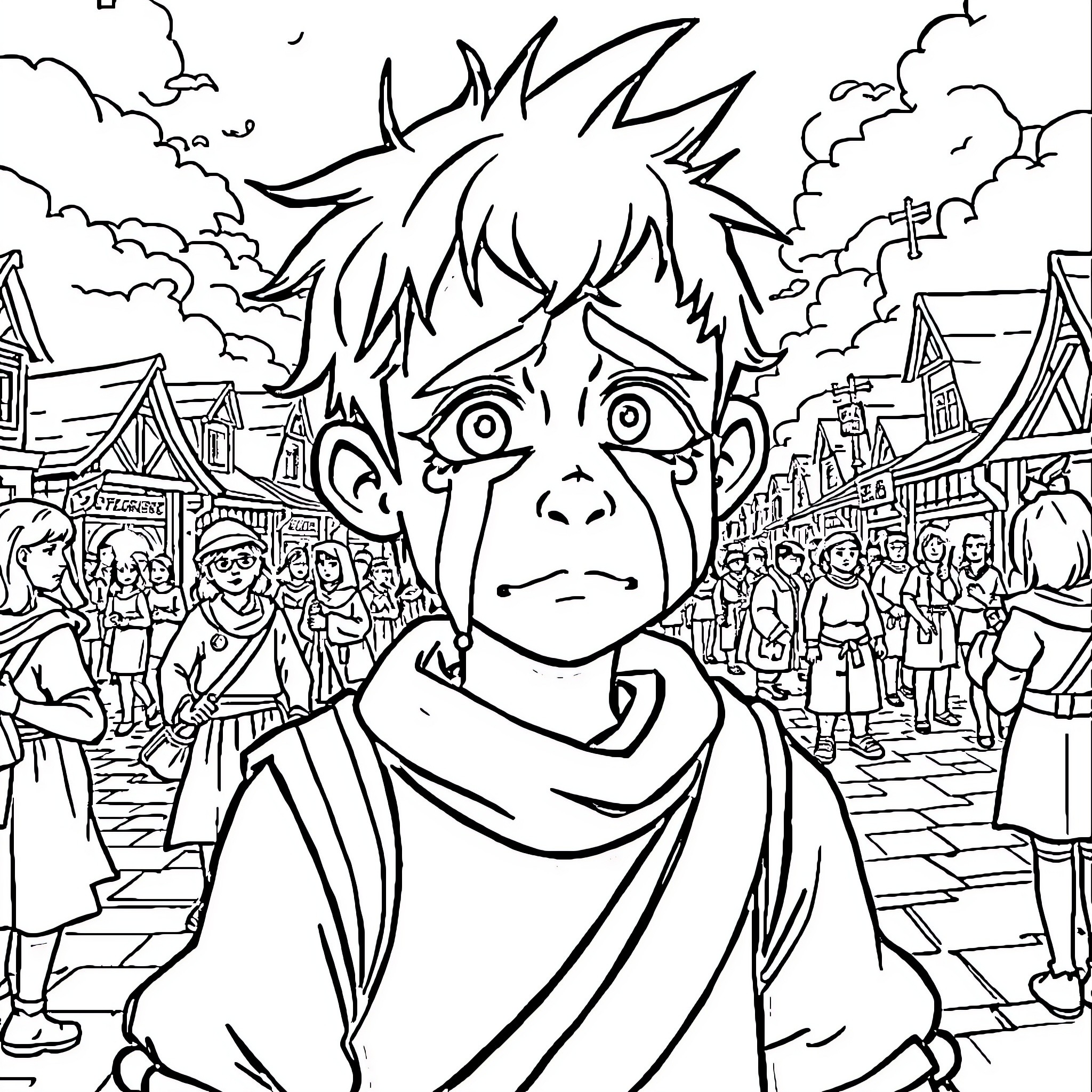 NPC's Troubled Expression in a Busy Market Scene Coloring Page (free black-and-white line drawing printable PDF for all, from beginners to advanced learners, including children, teens, adults, and seniors)