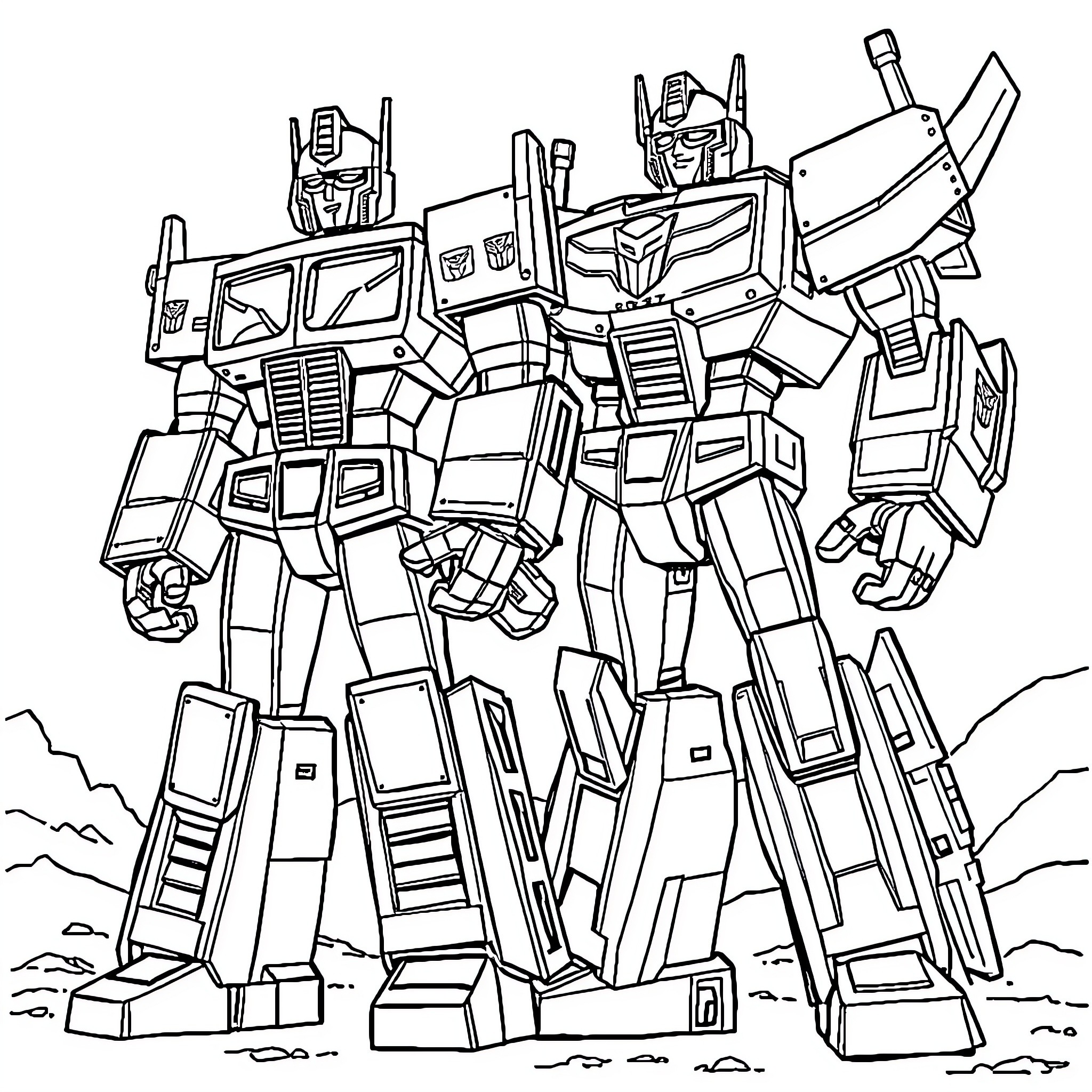 Optimus Prime and his Autobot comrades in action Coloring Page (free black-and-white line drawing printable PDF for all, from beginners to advanced learners, including children, teens, adults, and seniors)