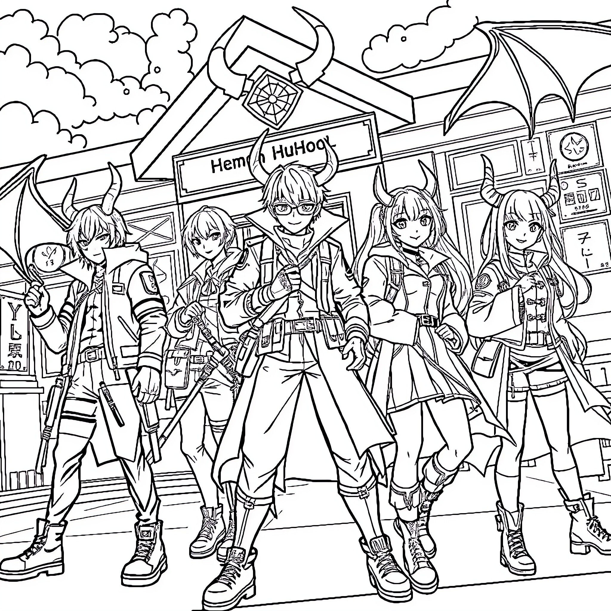 Kpop Demon Hunter Squad in Action Coloring Page (free black-and-white line drawing printable PDF for all, from beginners to advanced learners, including children, teens, adults, and seniors)