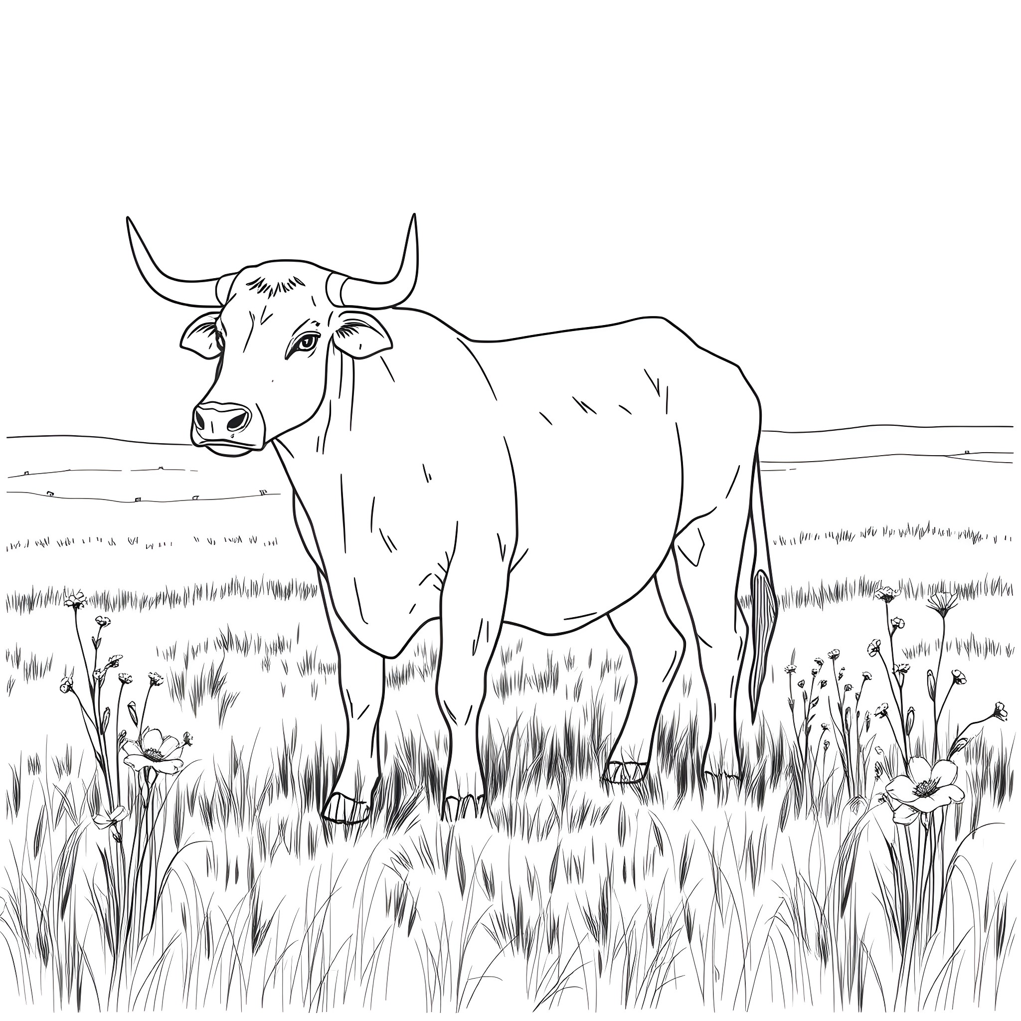 Ox standing calmly in a grassy field Coloring Page (free black-and-white line drawing printable PDF for all, from beginners to advanced learners, including children, teens, adults, and seniors)
